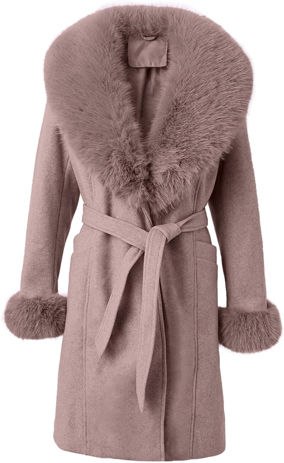 Womens Fur Trench Coat Elegant Jacket Warm Long Fall Winter Overcoat With Fur Collar & Belt