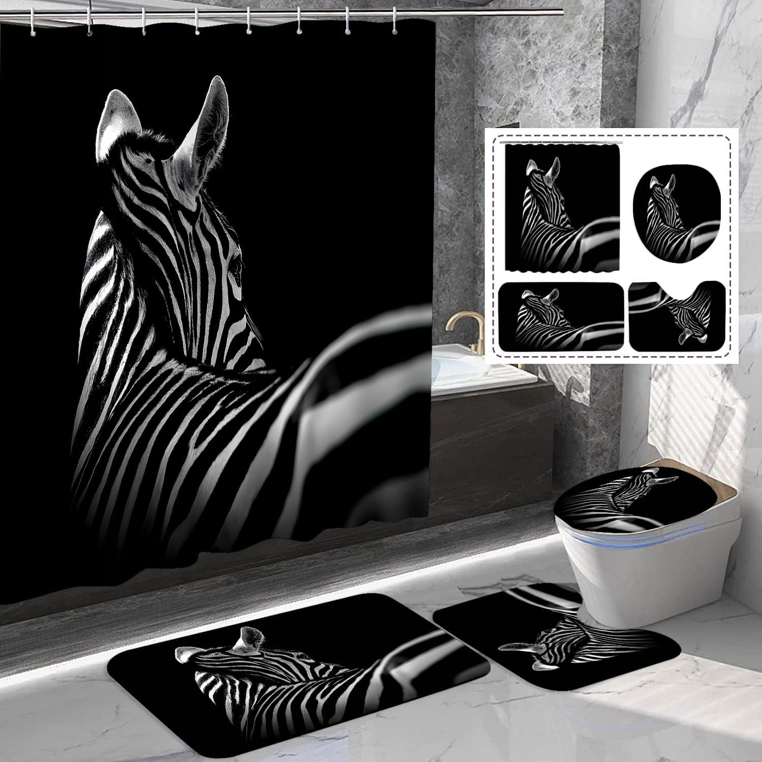 16 Piece Bathroom Rug Set Zebra Black Bath Rugs with Fabric Shower Curtain and Matching Mat/Toilet Cover