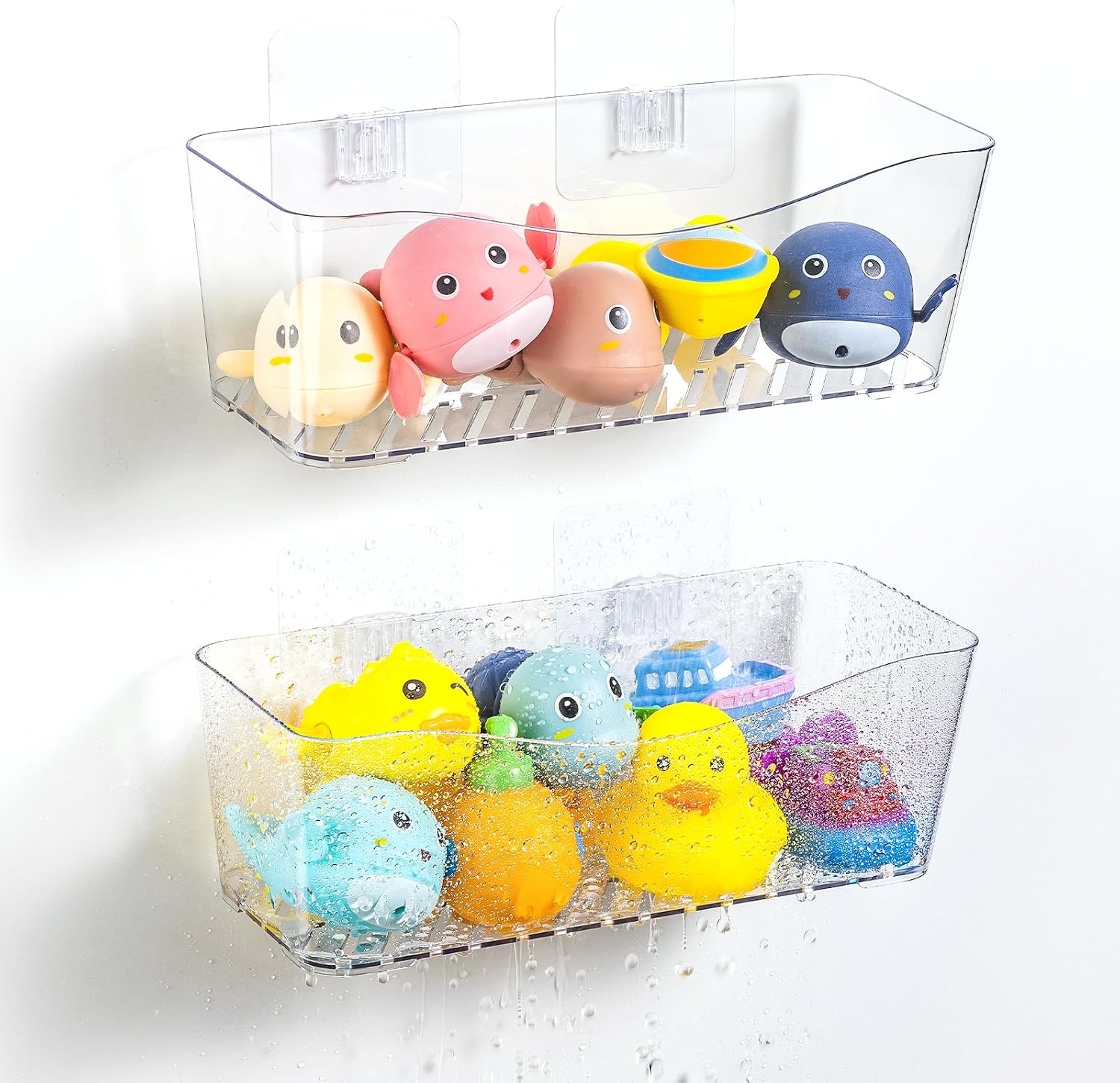 MIUKAA 2 Pack Large Bath Toy Storage Organizer, Clear Bath Toy Holder for Bathtub, Plastic Shower Toy Holder, Fast Drainage, No Drilling Required, Easy to Install