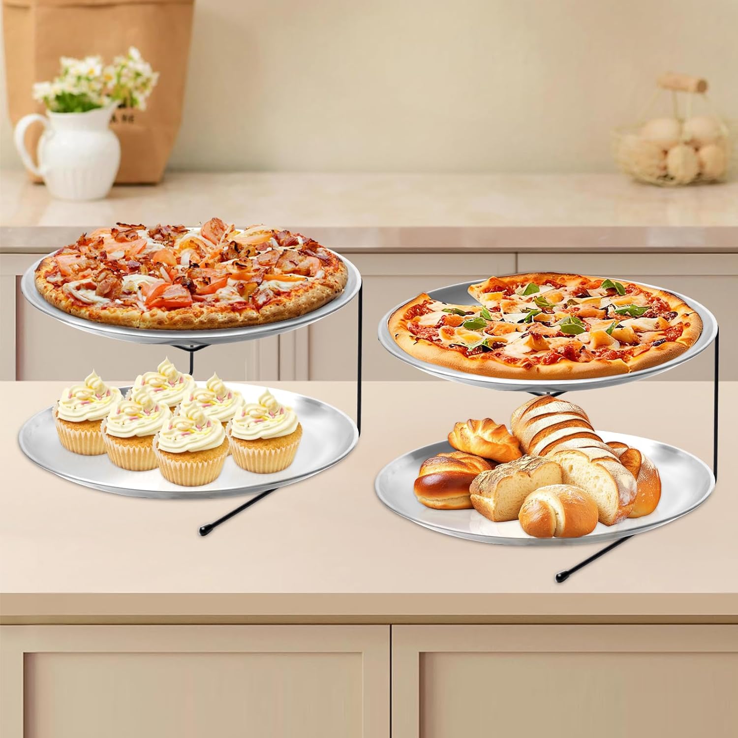 9 Pieces Pizza Pan Riser Stands Sets with 3 Metal Pizza Table Stands 3 Pizza Pans and 3 Wood Handle Pie Server Pizza Serving Tray Display Stands for Pizza Party Dessert Cheese Baking (9 PCS)