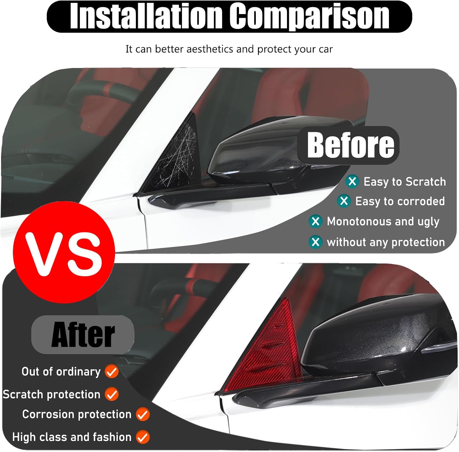 Dry Carbon Fiber Front Window Triangle Cover Compatible with Corvette C8 2020-2025 Stingray Z06 Z51 HTC Coupe for C8 Corvette Accessories Rearview Mirror Side Spoiler Exterior A-Pillar Panel (Red)