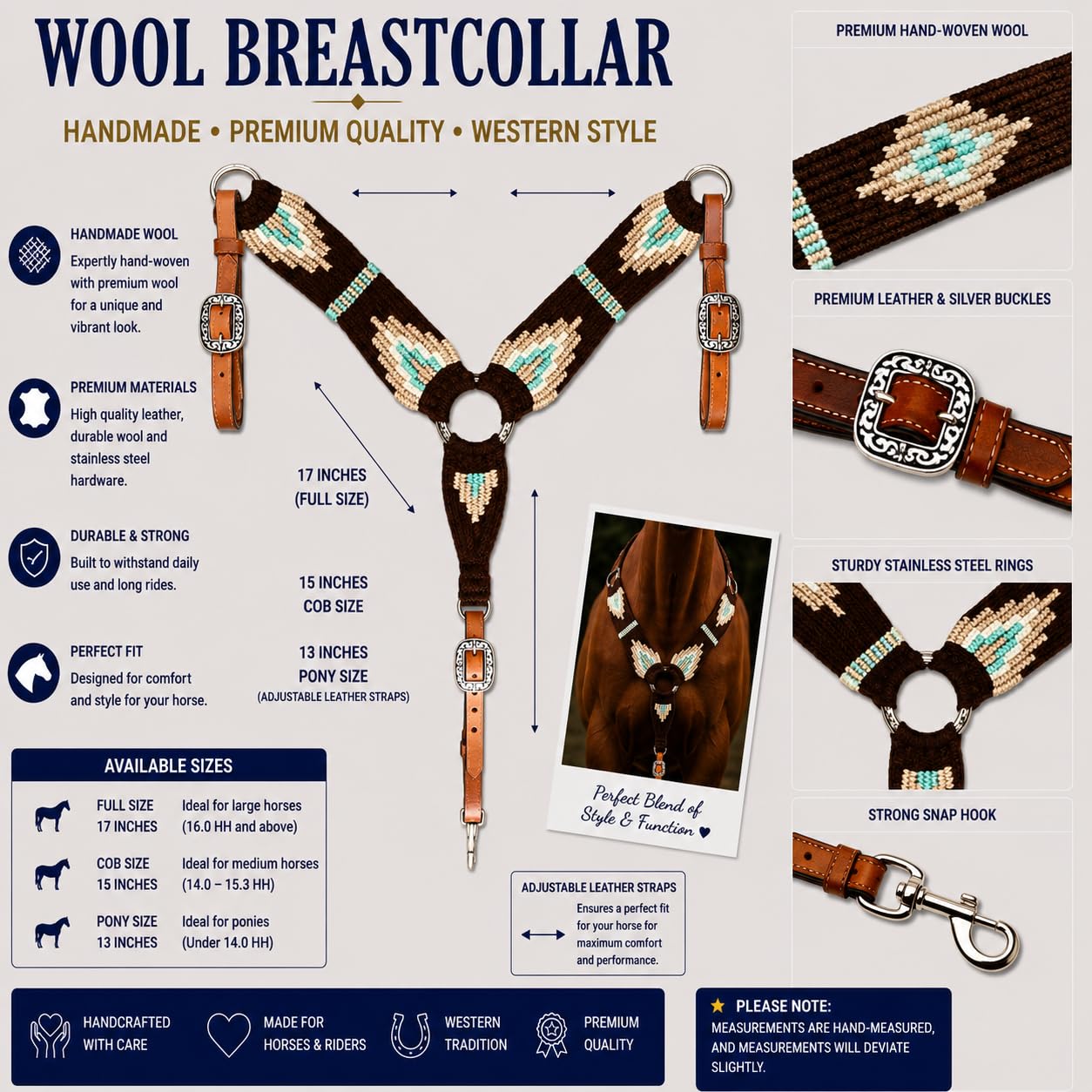 Cheval's International Western Collier de poitrine en mohair pour cheval, fait à la main en laine et cuir de qualité supérieure, réglable, durable et confortable pour chevaux – Noir et beige, Cob