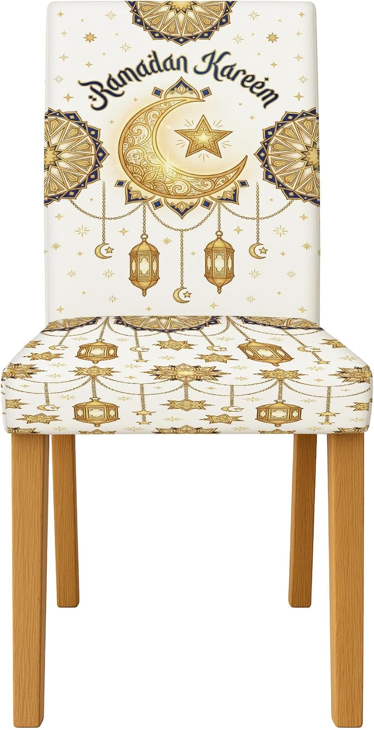 Crescent Chair Covers for Dining Chairs, Festive Traditional Star Lantern Ramadan Gold Spandex Washable Accents Soft Chair Slipcovers Decor for Dining Room Kitchen Banquet 6pcs