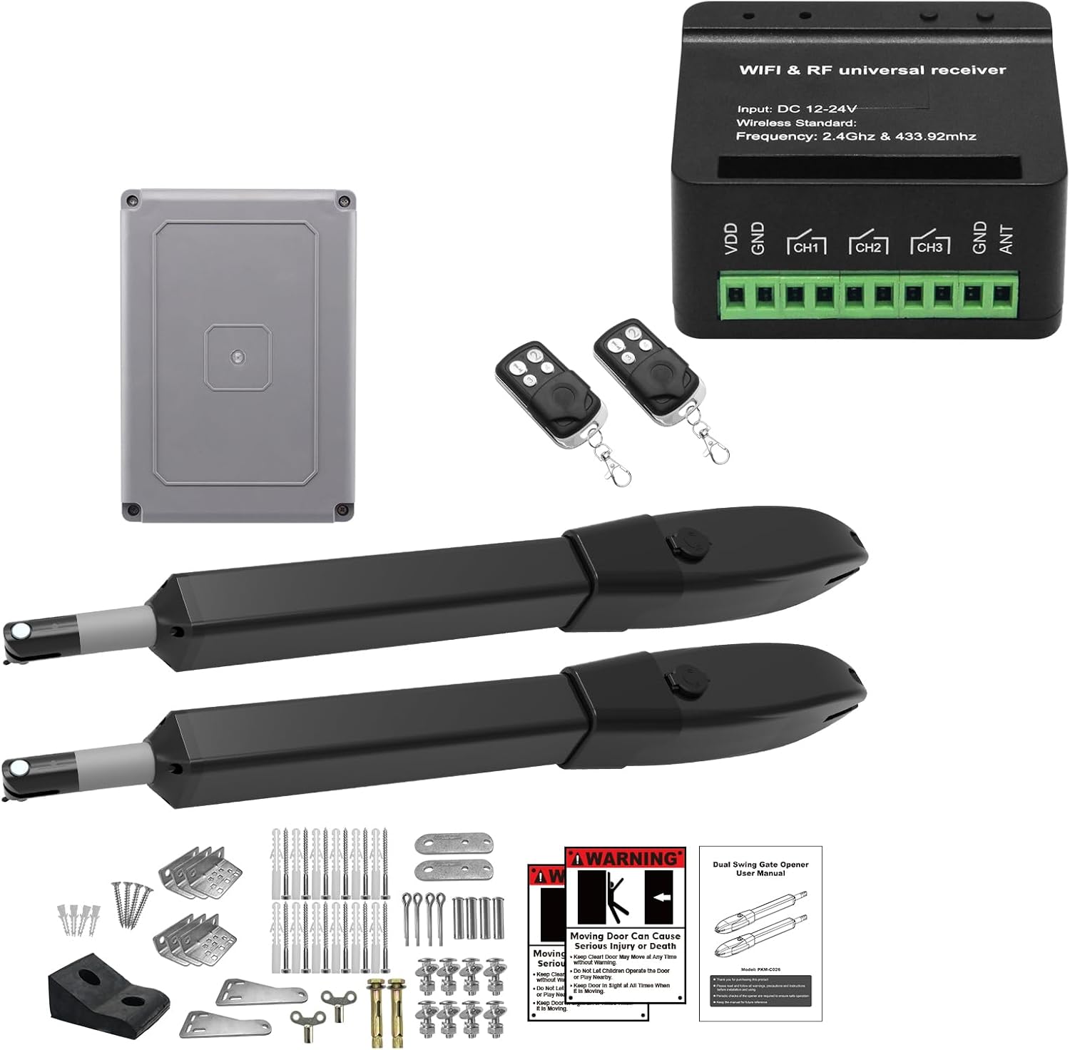 JUJIANG WiFi Automatic Gate Opener with Remote Complete Kit for Swing Gate Up to 770lb per Arm, APP Remote Control PKM-C026