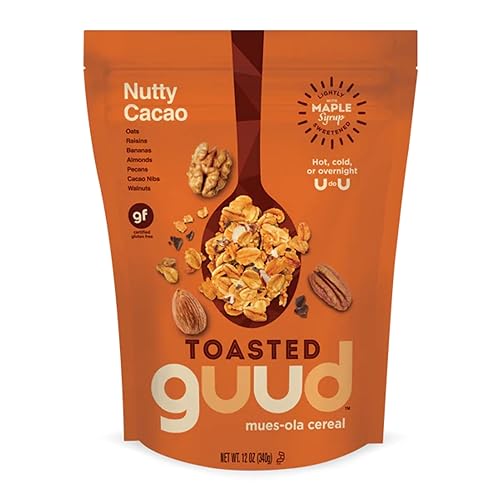 GUUD Nutty Cacao Cereal de Muesola Tostado, 12 onzas, Muesli ligeramente dulce, sin gluten, avena, pasas, plátanos, almendras, nueces pecanas,