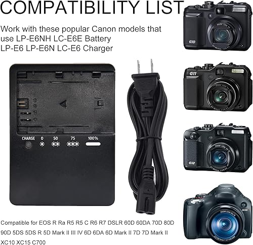 Miniatura 6 de LP-E6 LP-E6N LC-E6 Cargador para Canon: Compatible con LP-E6NH LC-E6E Batería EOS R Ra R5 R5 C R6 R7 DSLR 60D 60DA 70D 80D 90D 5DS R 5D Mark II III