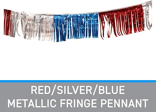 Miniatura 2 de SSWBasics Banderín metálico con flecos rojos/plateados, azules de 60 pies