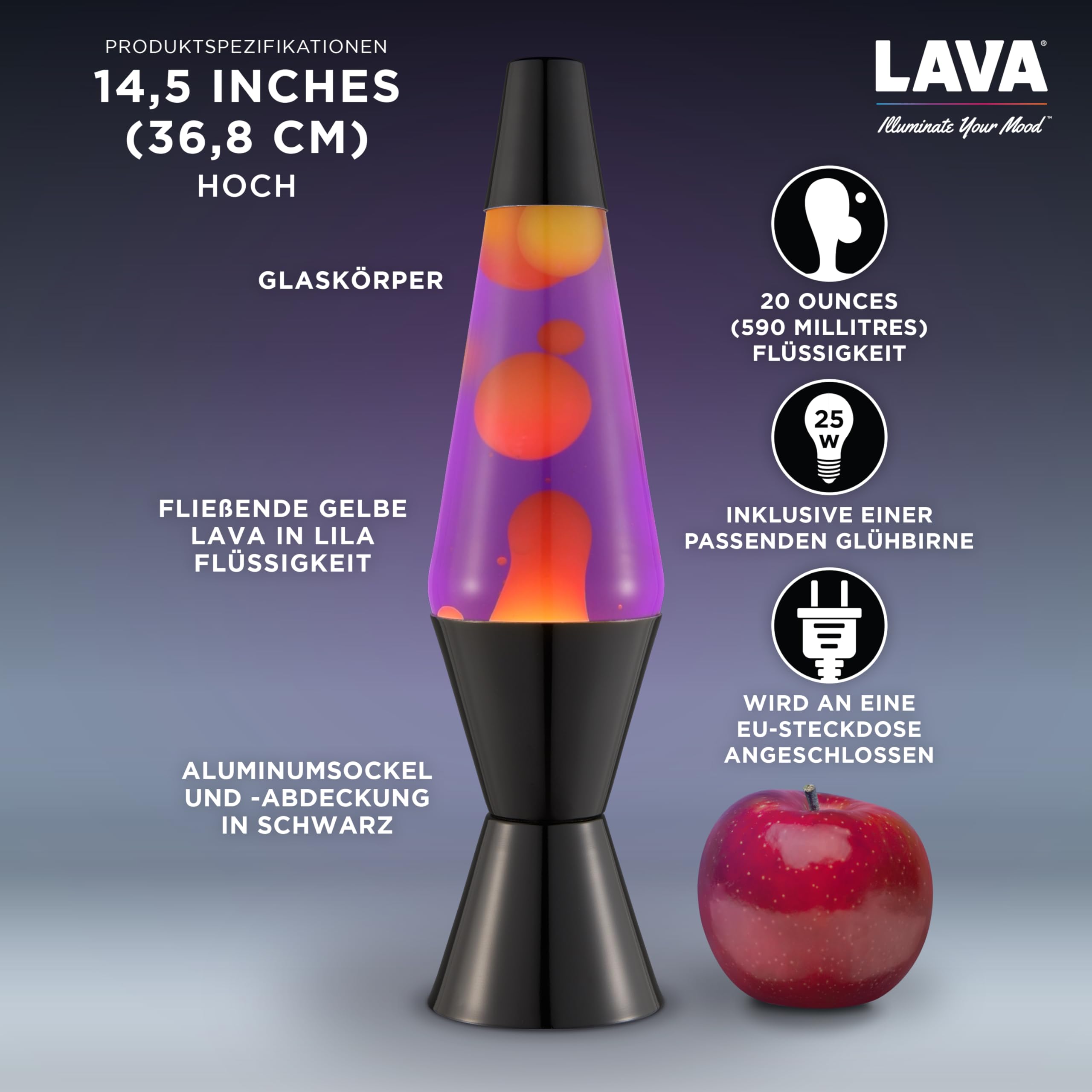 LAVA® - Lava Lampe 2323, gelbes Wachs, lila Flüssigkeit, schwarzer Sockel und Deckel, Original 14,5 Zoll Bewegungslampe der Marke LAVA®