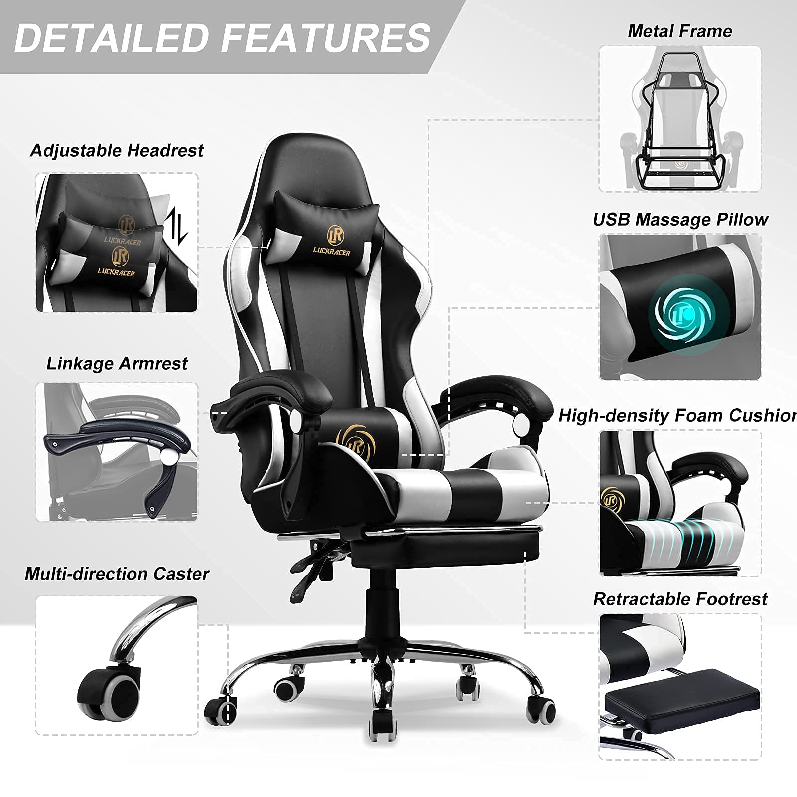 LUCKRACER Gaming Chair Massage With Footrest Ergonomic Office Chair With Massage Lumbar Pillow