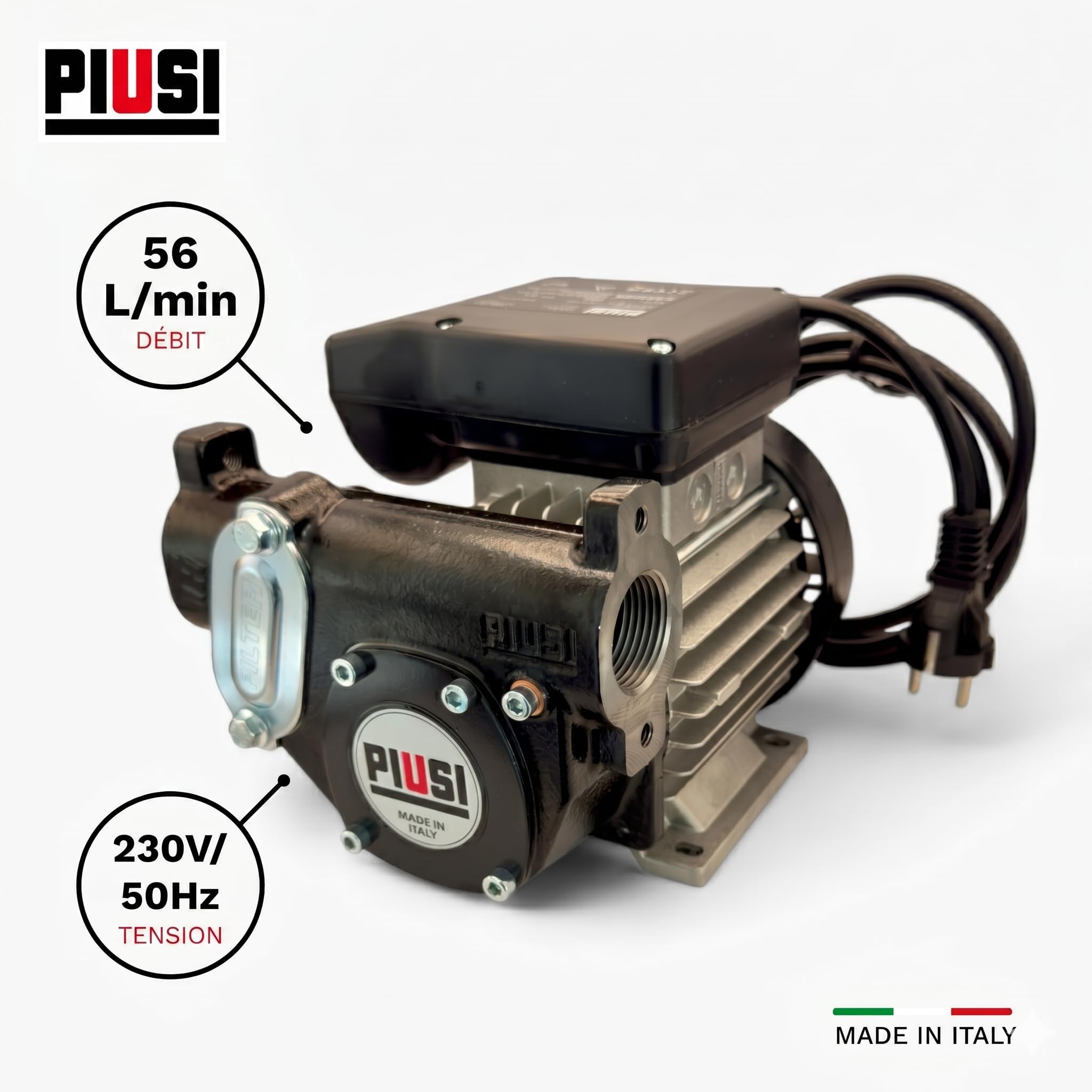 PIUSI Pompe électrique à gasoil, Débit 56 litres/minute, Alimentation monophasée 230V/50Hz, Fonctionnement continu, Connexion 1" BSP, Valve de Bypass intégrée | Panther 56 F00730000