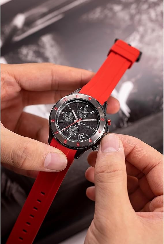 FILIPPO LORETI ピスト シャドウ レッド スポーツ クロノグラフ 42mm クロノグラフ ブラックダイヤル レッドラバーストラップ 100m防水 メンズ, マットブラックグレインダイヤル。, モダン