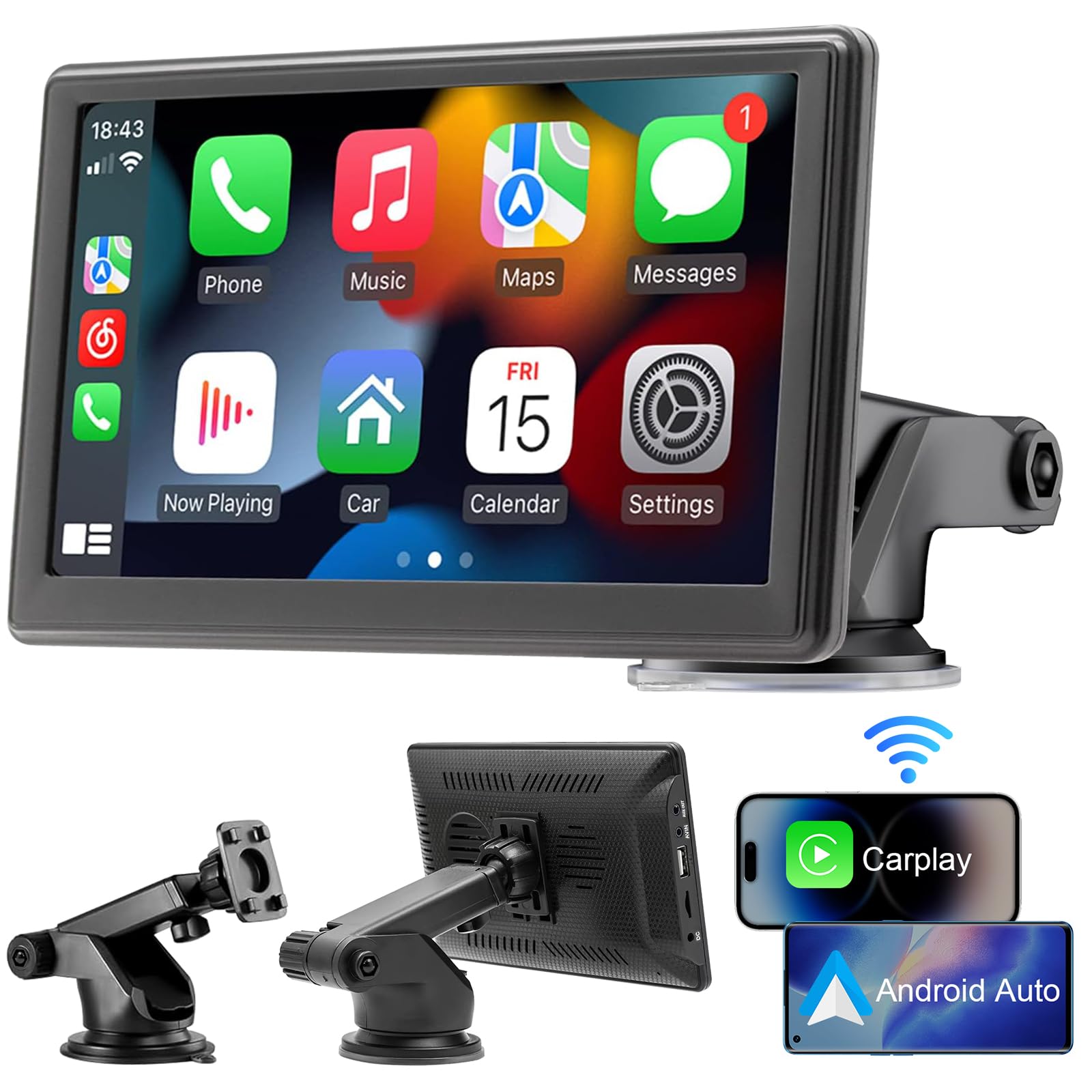Wireless Car Play Screen, Portable Car Video Player Compatible with Apple Carplay & Android Auto, 7 Inch IPS Touch Screen Car Stereos with GPS Navigation, Mirror Link, Bluetooth, FM