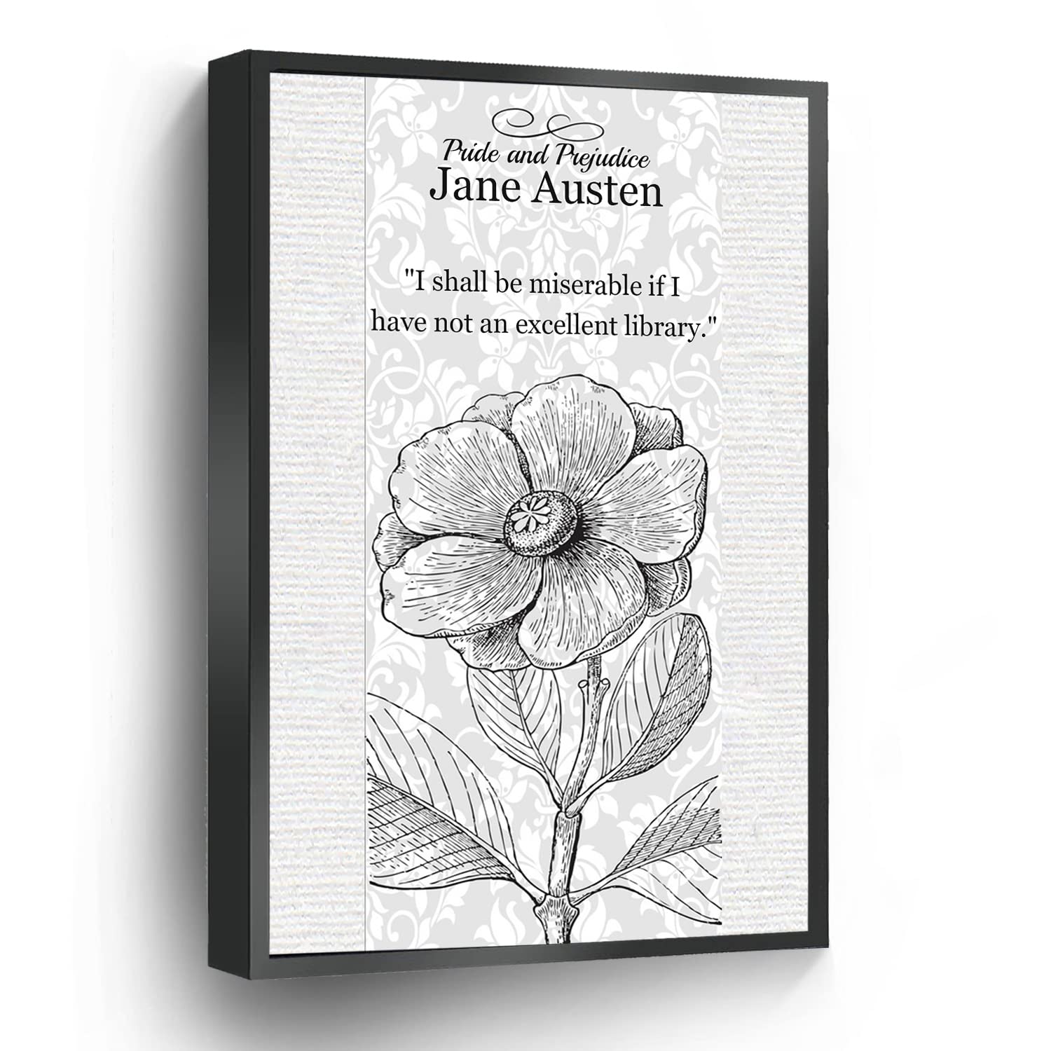Jane Austen Canvas Print Pride And Prejudice Wall Art Poster I Shall Be Miserable If I Have Not An Excellent Library Quote For Home Office School Wall Decor Framed Artwork(Metal Framed 8" X 12")