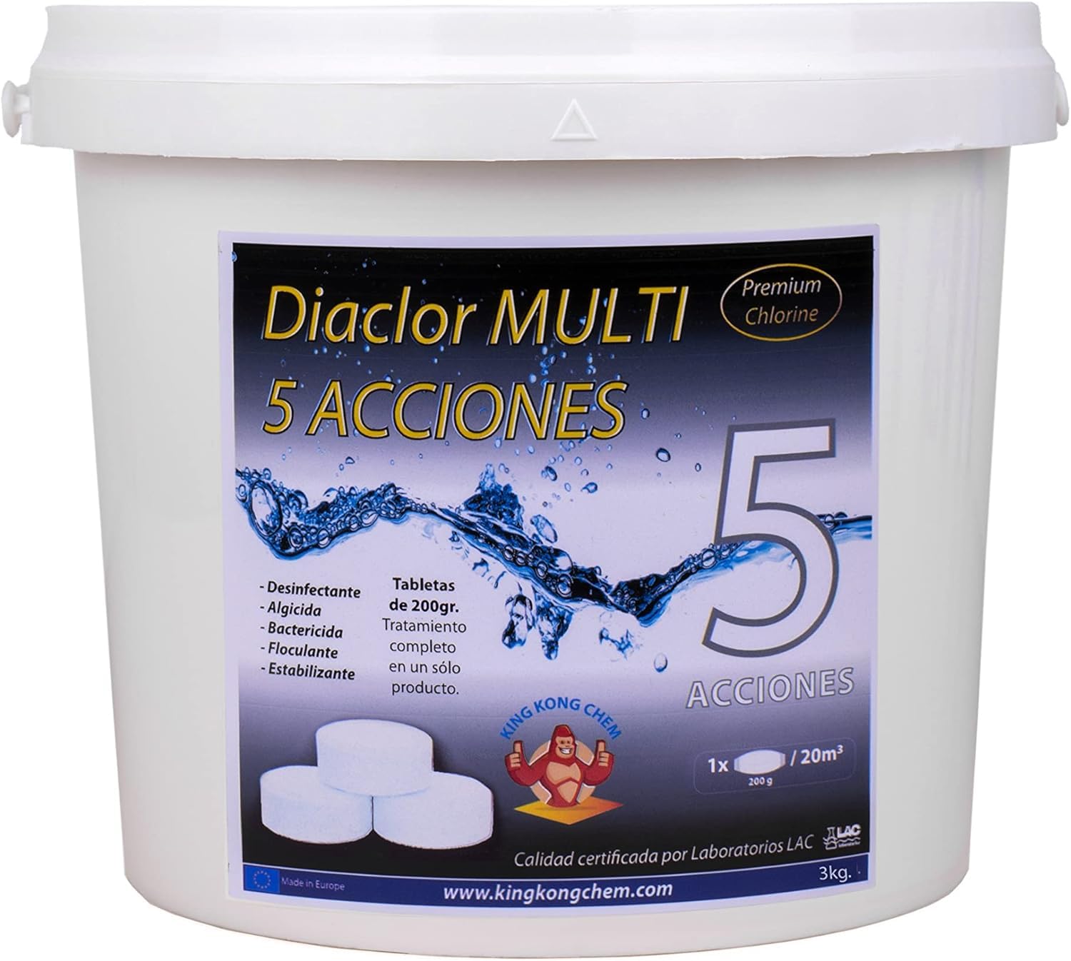 DIACLOR Multi 5 ACCIONES 200gr Pack 18kg - 3 Botes de 5 Kilos y 1 de 3 kg. Pastillas de Cloro para Piscinas envasadas Individualmente - Tratamiento Completo 5 Efectos - SIN Cobre