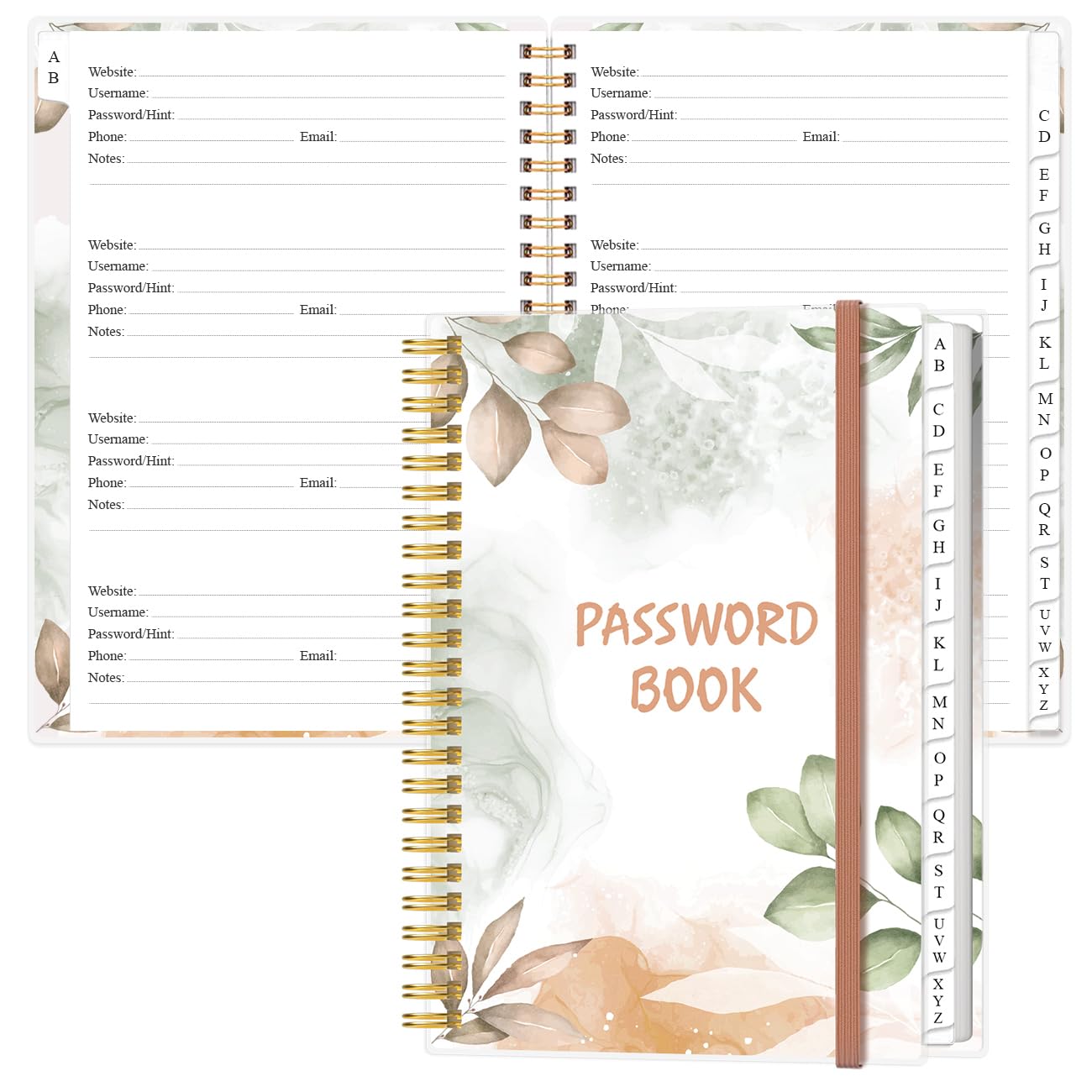 Heveboik Password Book with Alphabetical Tabs - Large Size Password Keeper Journal Notebook for Computer & Website Logins, 6.4" x 8.5", Rose Leaf