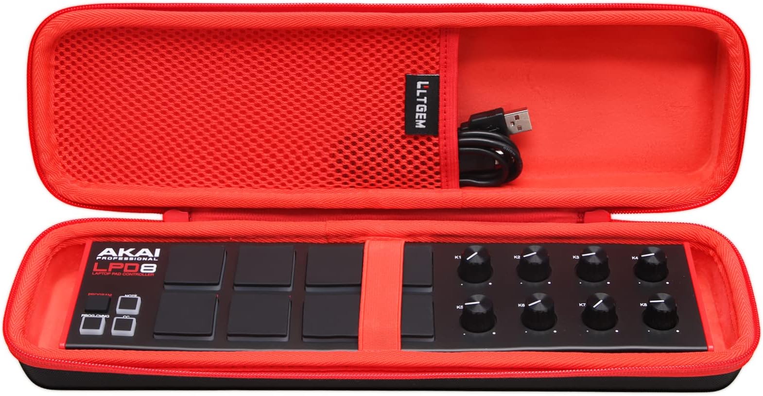 LTGEM Case Compatible with Akai Professional LPD8 USB MIDI Controller, Hard Travel Carrying Storage Bag - Black+Red(Case Only)