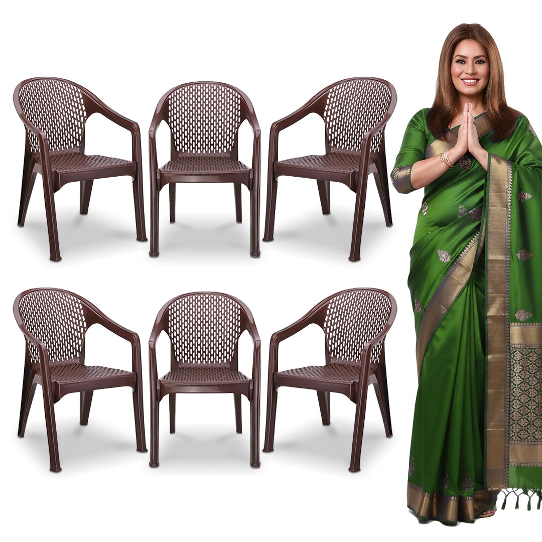 MAHARAJA Plastic Chair Set | Plastic Chair for Home, Living. Dining Room Office Kitchen Restaurant Canteen Hotel Garden, Strong and Sturdy Structure Chair with Arm Rest. (Brown, Pack of 6)-image-48