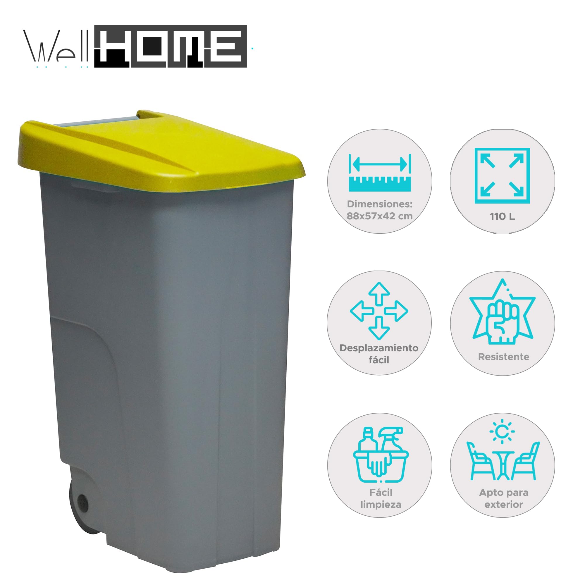 Well Home Contenedor Reciclo 110 litros Cerrado, Amarillo, 88x57x42 cm