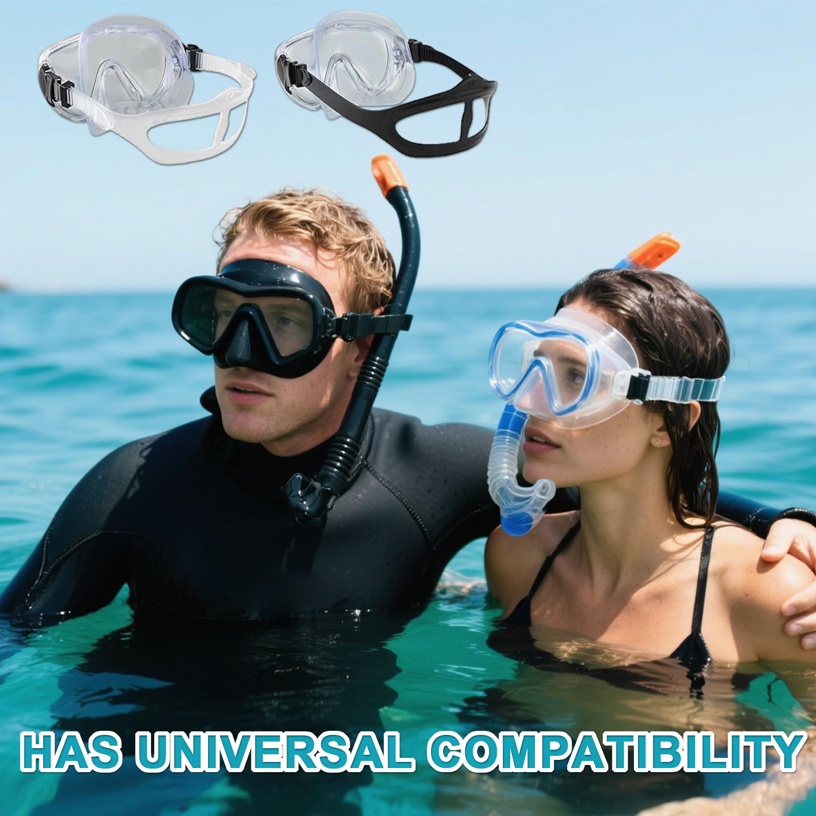 Cinghie per maschera subacquea, cinghie regolabili in silicone per immersioni, snorkeling e maschere subacquee, morbide e resistenti, 2 pezzi, bianco/nero, 56 x 1,8 cm