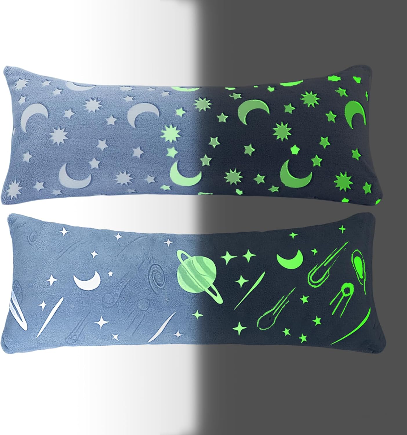 2PCS Glow in The Dark Body Pillow Cover,21x54 Inches Ultra Soft Plush Pillowcase Set with Moon,Stars&Planets Pattern,Fluffy Velvet Long Pillow Case for Boys Girls,Side Zipper,Easy Wash&Spare Change