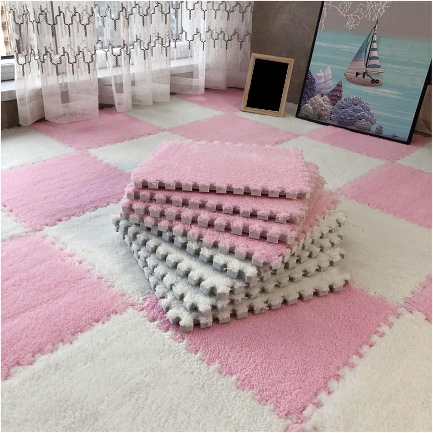 JvFbjLF 20Pcs Interlocking Foam Mats 30x30cm Plush Puzzle Carpet Rugs Play Mat(Pink+White)