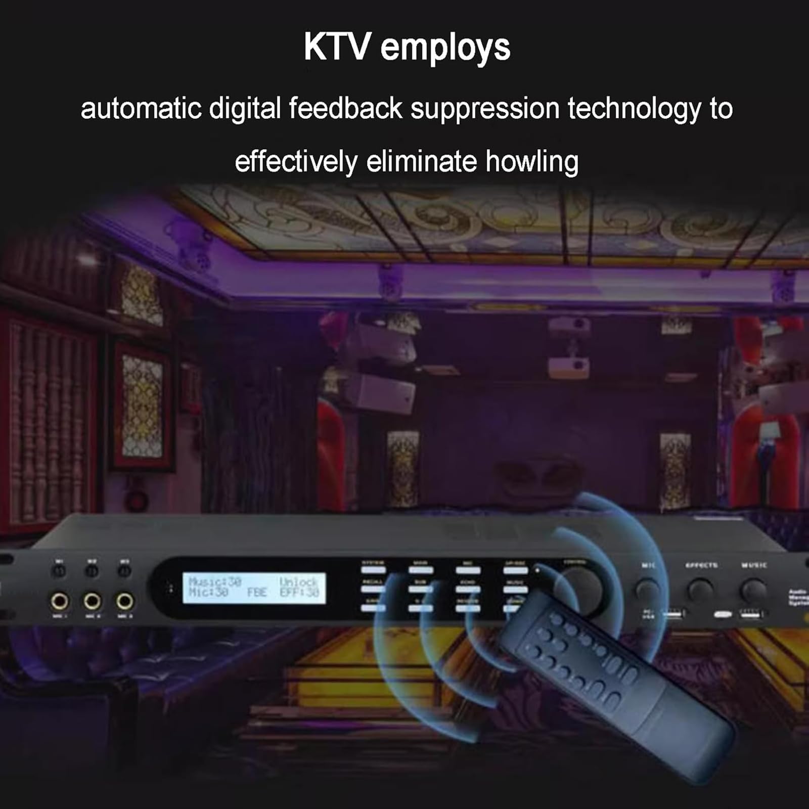 Procesador de audio digital, supresor de retroalimentación con control remoto, 4 entradas de micrófono, 16 efectos preestablecidos, conexión USB para KTV y uso en escenario