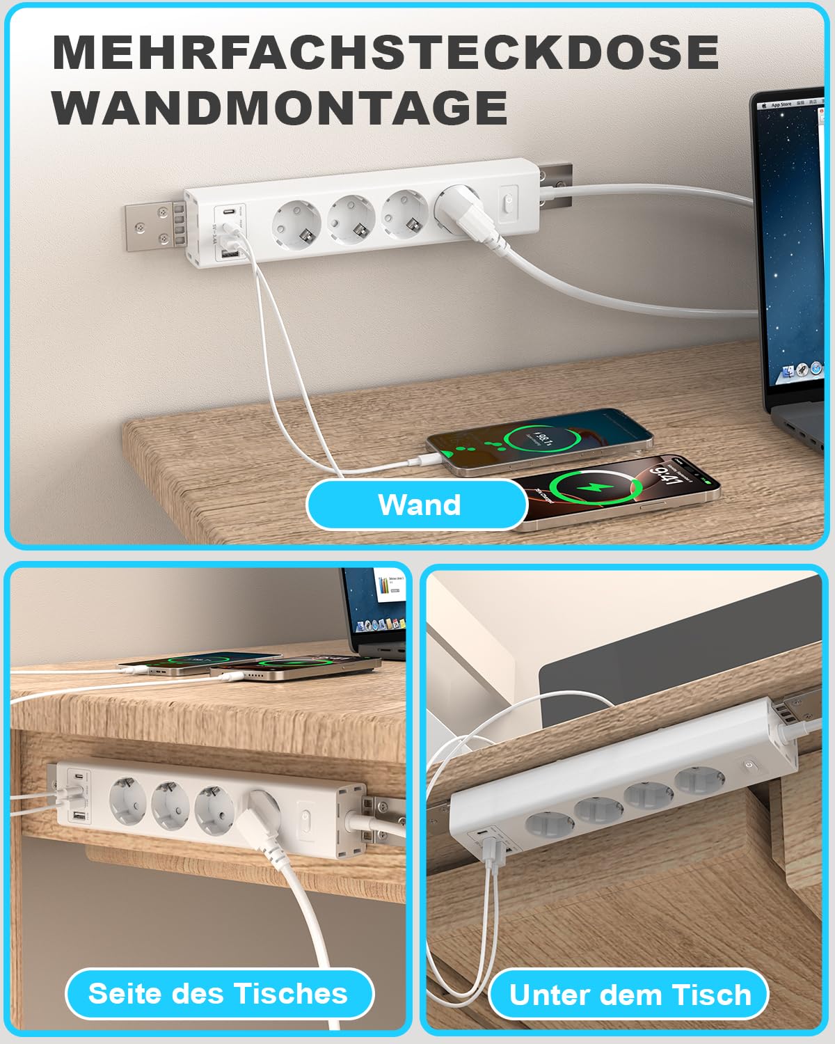 Ciabatta elettrica da parete, montata a 360°, multipresa con protezione da sovratensione, 2USB-C (PD20W)+2USB-A (QC3.0 18W), 4 prese, 2 m, per parete, angolo e sottopiano