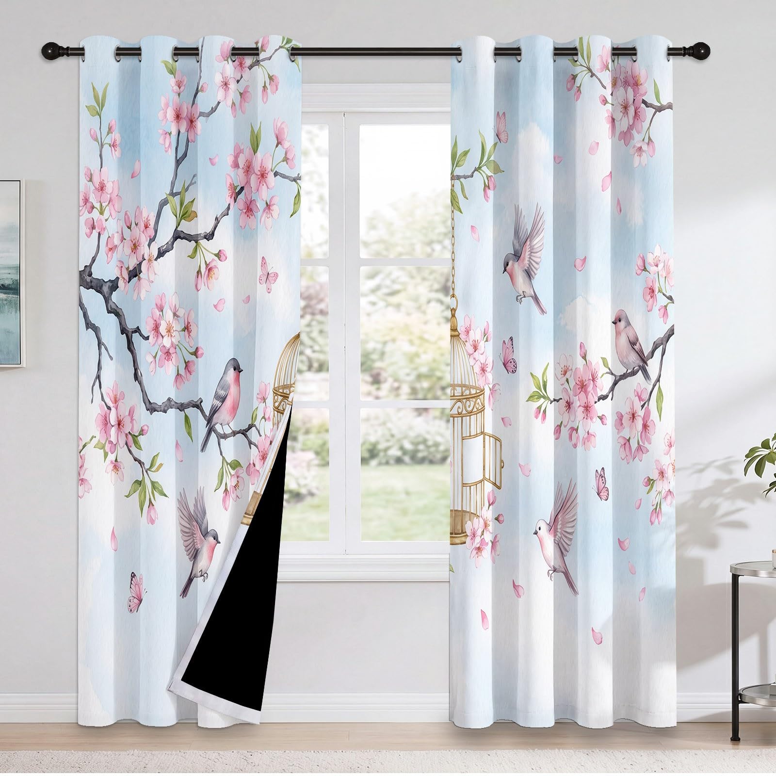 Rideau occultant Motif Graphique À Fleur De Fleurs De Cerisier, Rideaux œillets Isolation Thermique Traitements fenêtre à œillets pour Chambre À Coucher, 70L X 240H cm (2 Panneaux), Bleu
