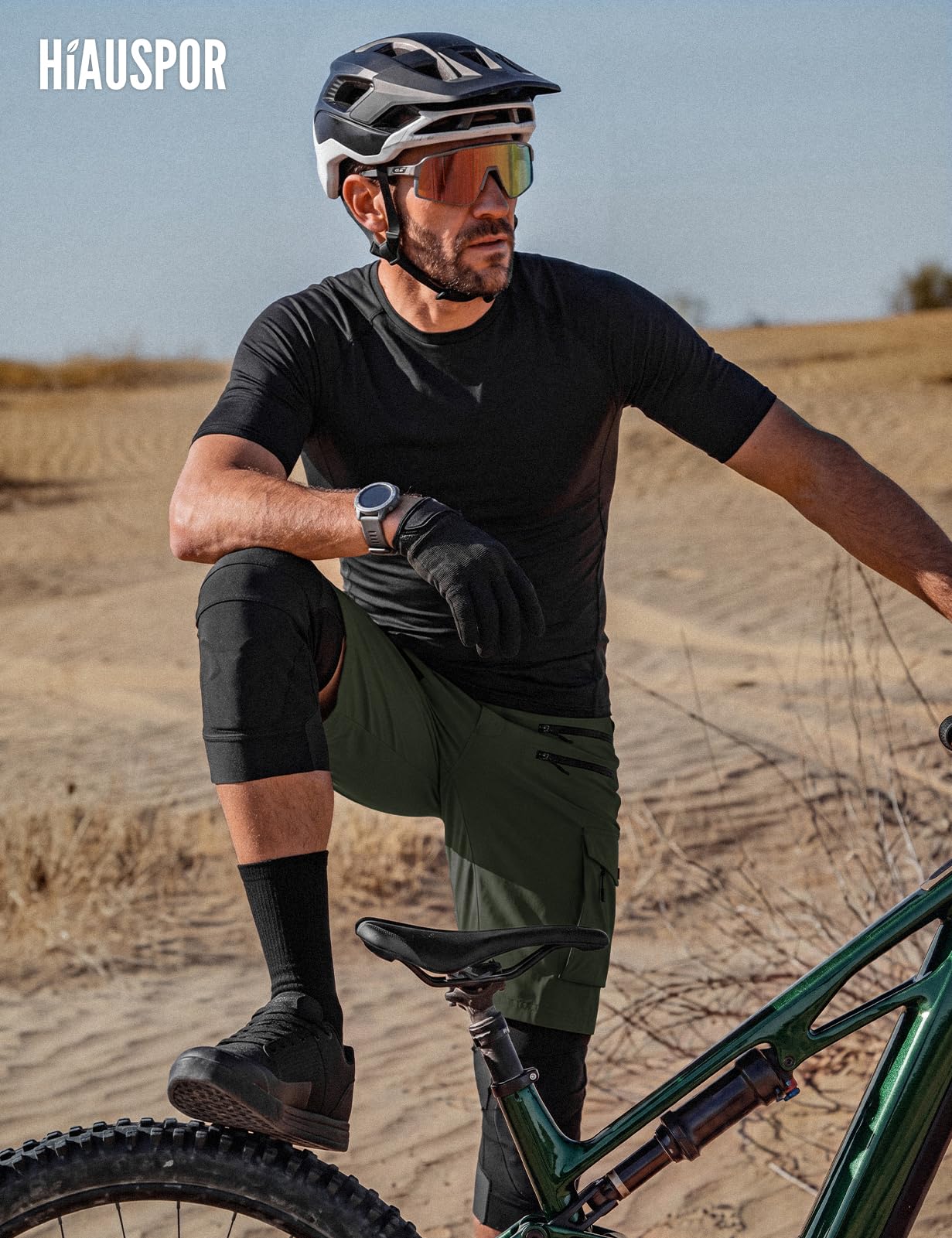 Hiauspor Pantalones Cortos de Ciclismo de montaña para Hombre, de Secado rápido, con Bolsillos con Cremallera MTB Trekking (Multi-Verde, L)