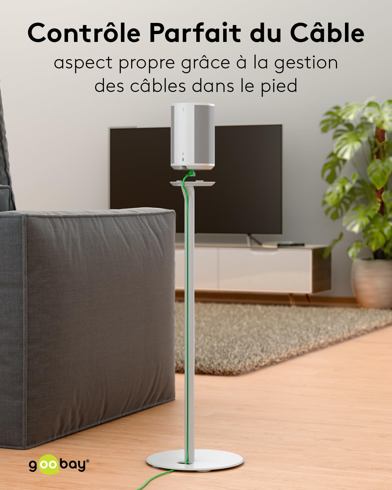 goobay Pied Enceinte pour Sonos Era 100 - Hauteur 71,5 cm - Jusqu'à 3 kg - Acier Blanc - Gestion des Câbles - 71983