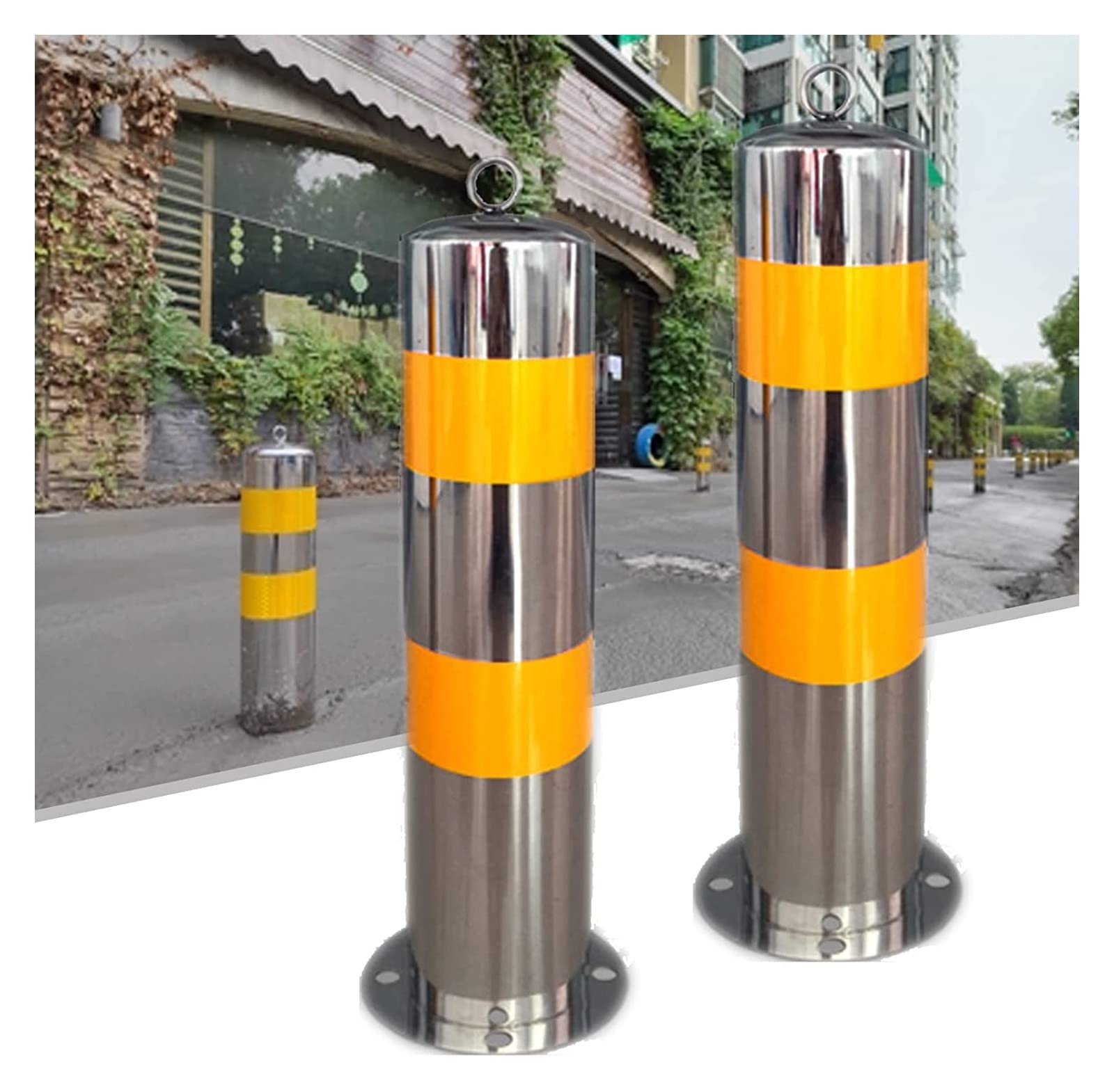 CWCQGH Security Barrier, Security Stainless Steel Bollard Reflective Tape 114mm Wide Parking Barrier Traffic Cones (2x)