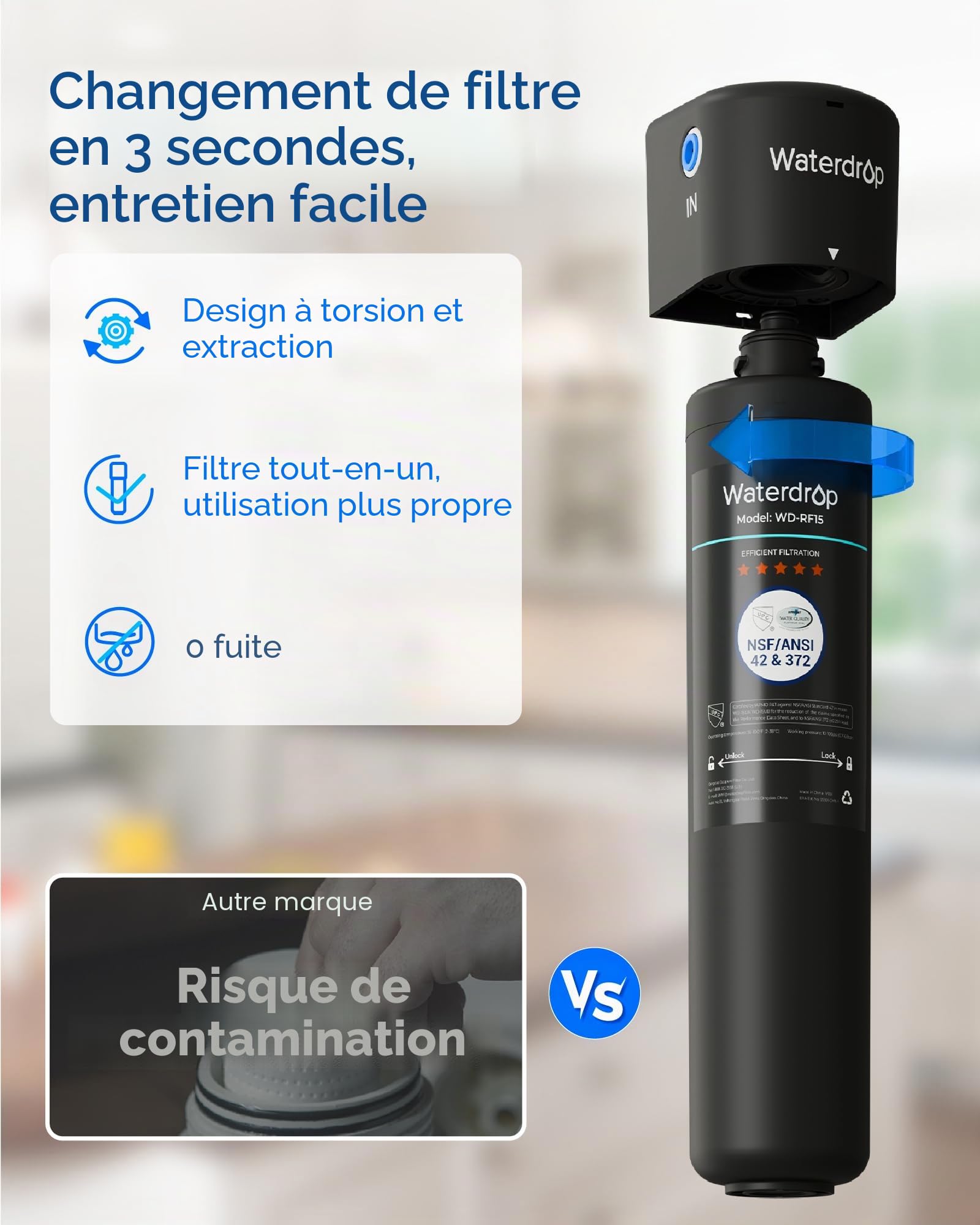 Waterdrop 15UA Système de Filtre à Eau sous le Comptoir, Connexion Directe au Robinet de Cuisine, Capacité de Réduction de Chlore Elevée de 60000 Litres, USA Tech
