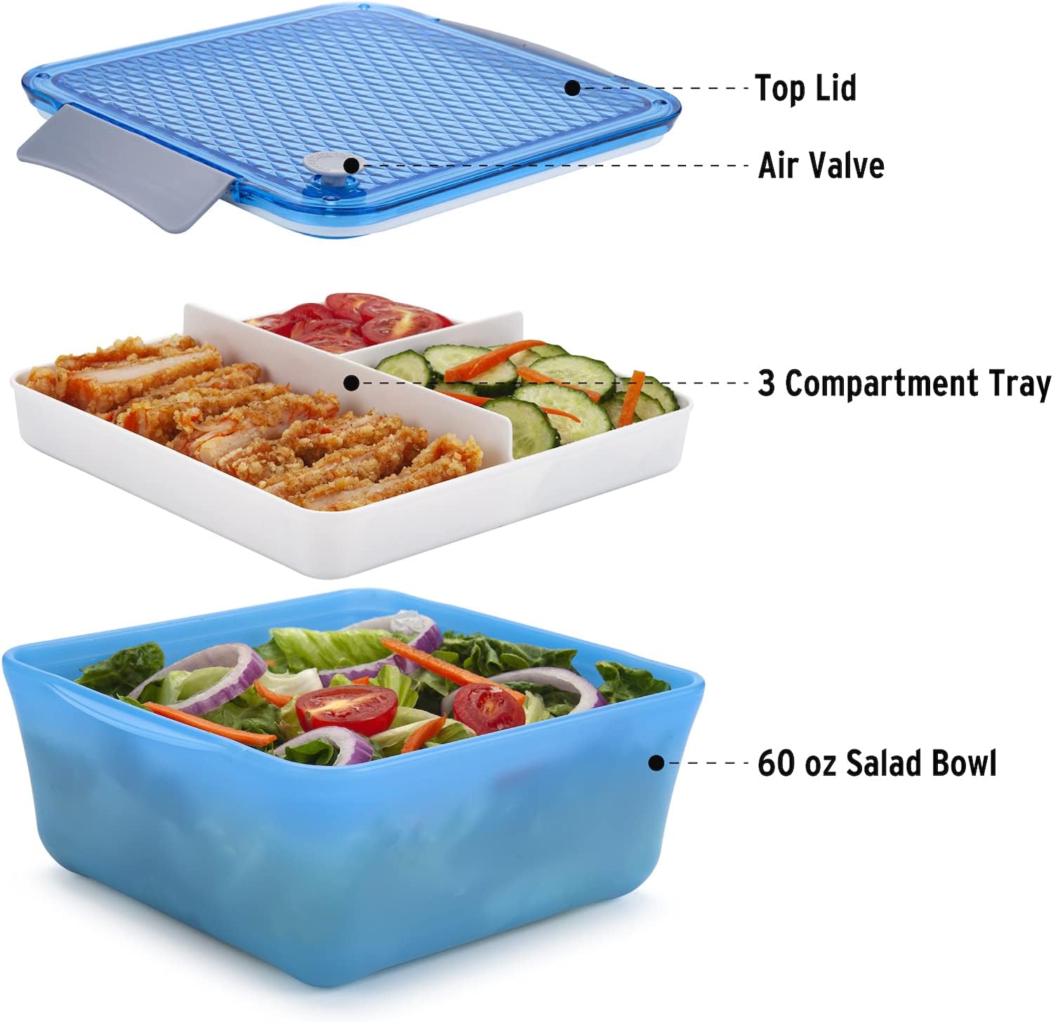 Freshmage Upgraded Salad Container for Lunch, 60-oz Large Leakproof Salad Bowl with 3-Compartments Bento Tray(Blue)