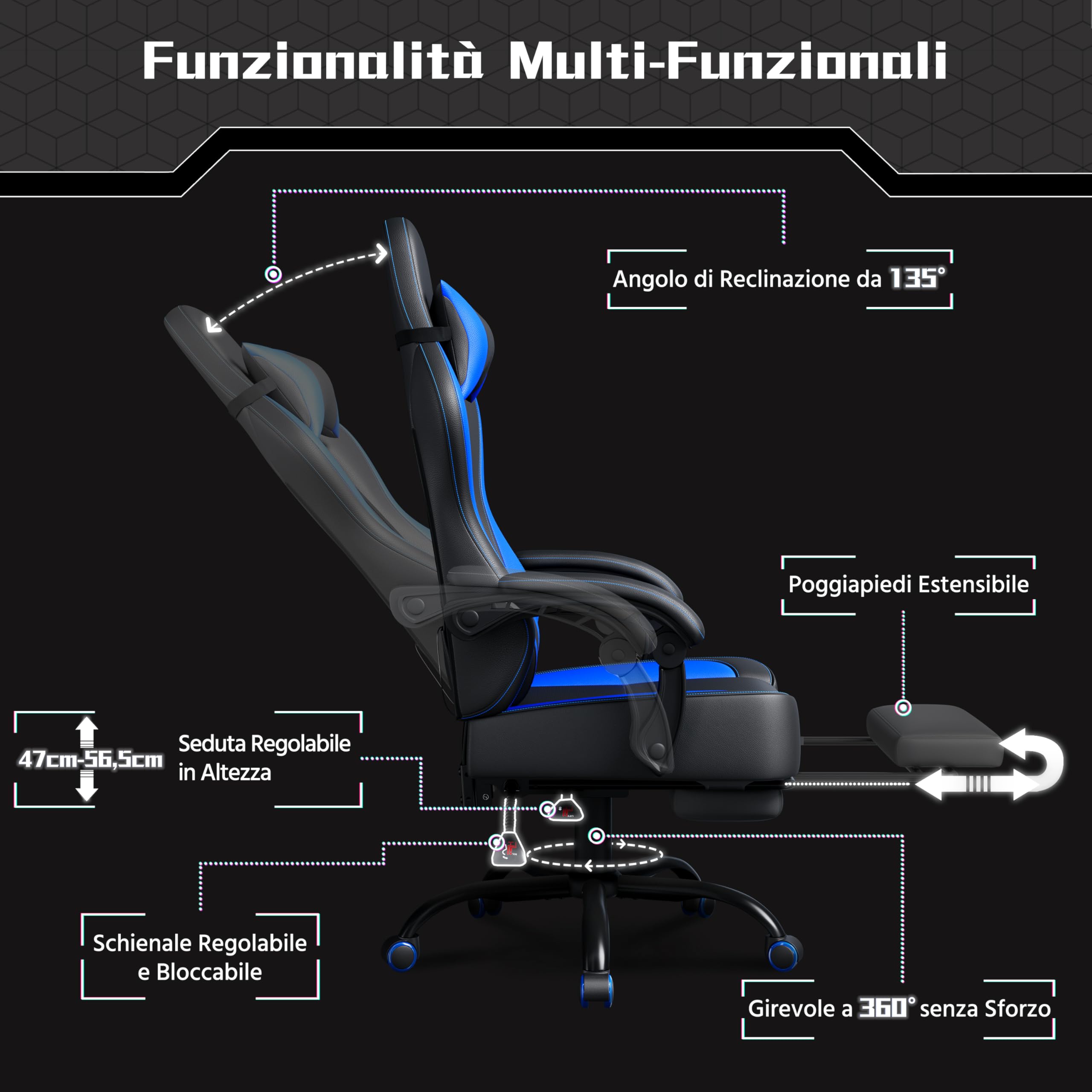 Yaheetech Sedia da Gaming Ergonomica con Cuscino Massaggio Lombare, Schienale Reclinabile e Poggiapiedi Estraibile, Sedia da Ufficio Girevole con Braccioli Imbottiti e Poggiatesta Rimovibile (Blu)