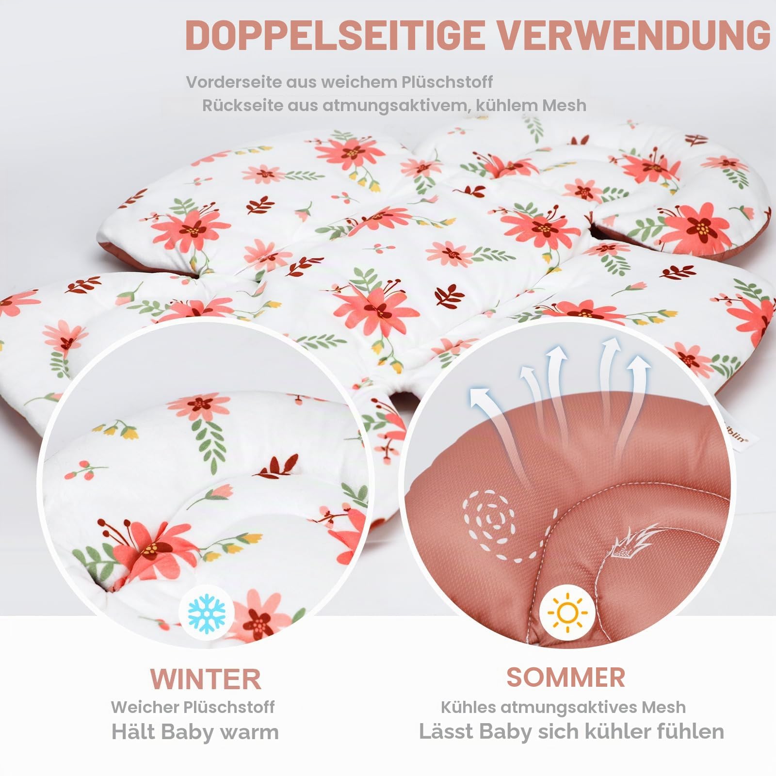 KAKIBLIN Säuglings-Autositz-Einlage, Baby-Autositz-Kissen, Autositz-Kopfstütze für Säuglinge, Atmungsaktive Reversible Autositz-Einlage-Unterstützung für Neugeborenen-Kinderwagen, Babyschaukel