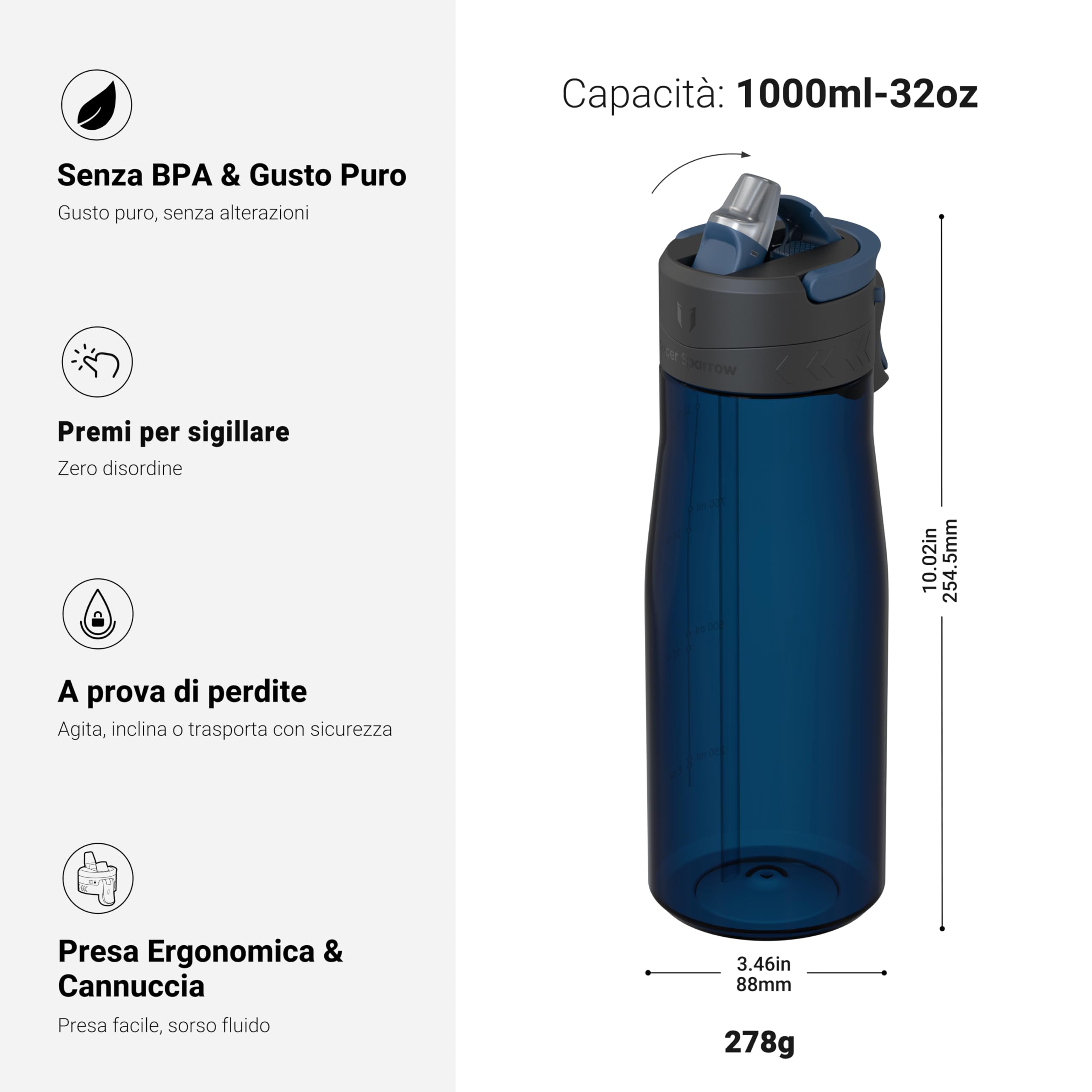 Sparrow Borraccia - 500ml, 750ml, 1L - TouchFlow Bottiglia Senza BPA - Senza Perdite Borraccia Cannuccia - Borracce Sportiva Flusso Rapido Con Un Clic per Scuola, All'aperto