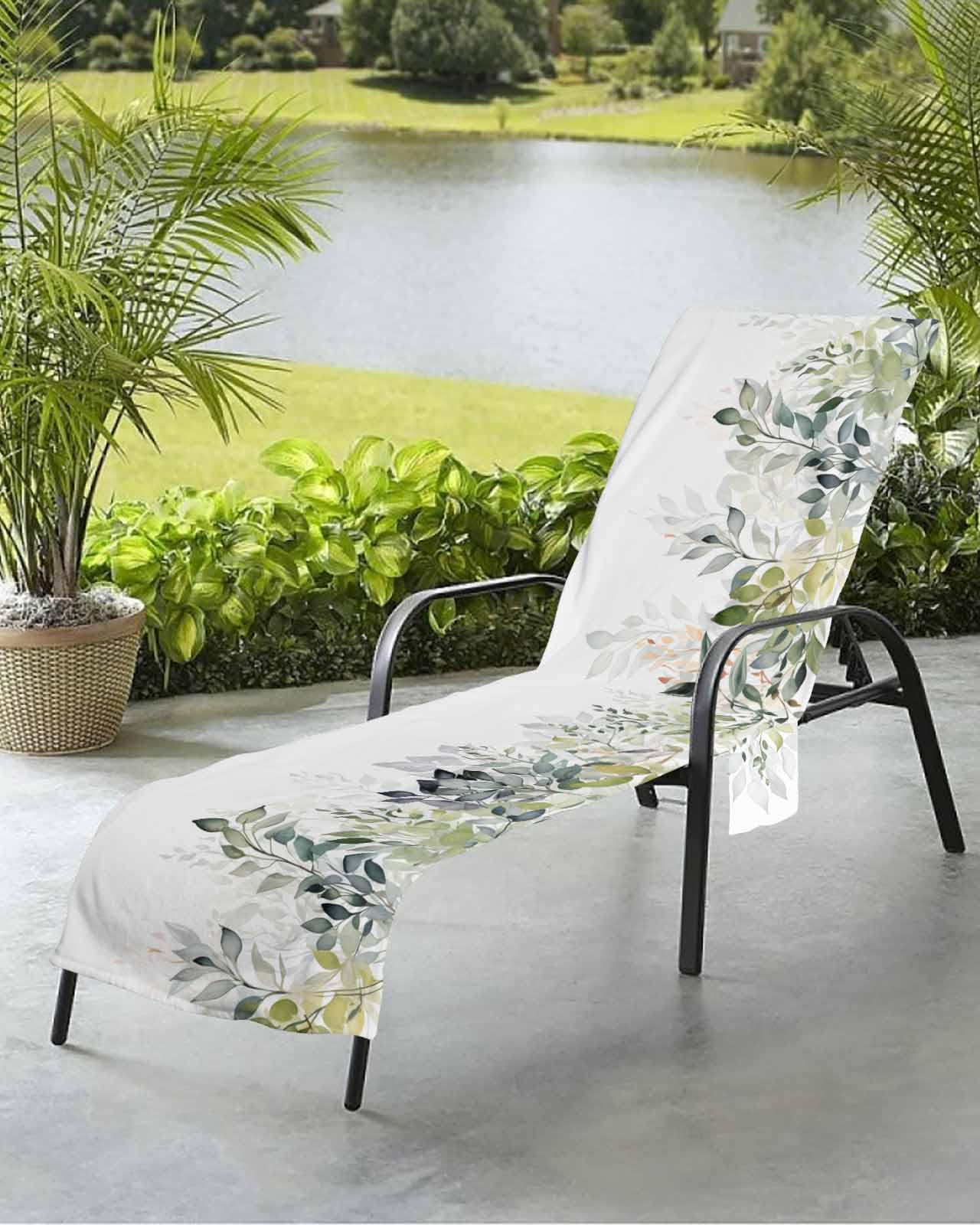 Beach Pool Patio Lounge Chaise Chair Cover Towel with Pockets,Eucalyptus Leaves Absorbent & Quick Dry Microfiber Towel Cover Bag Summer Travel Accessories Spring Watercolor Plant Simple White