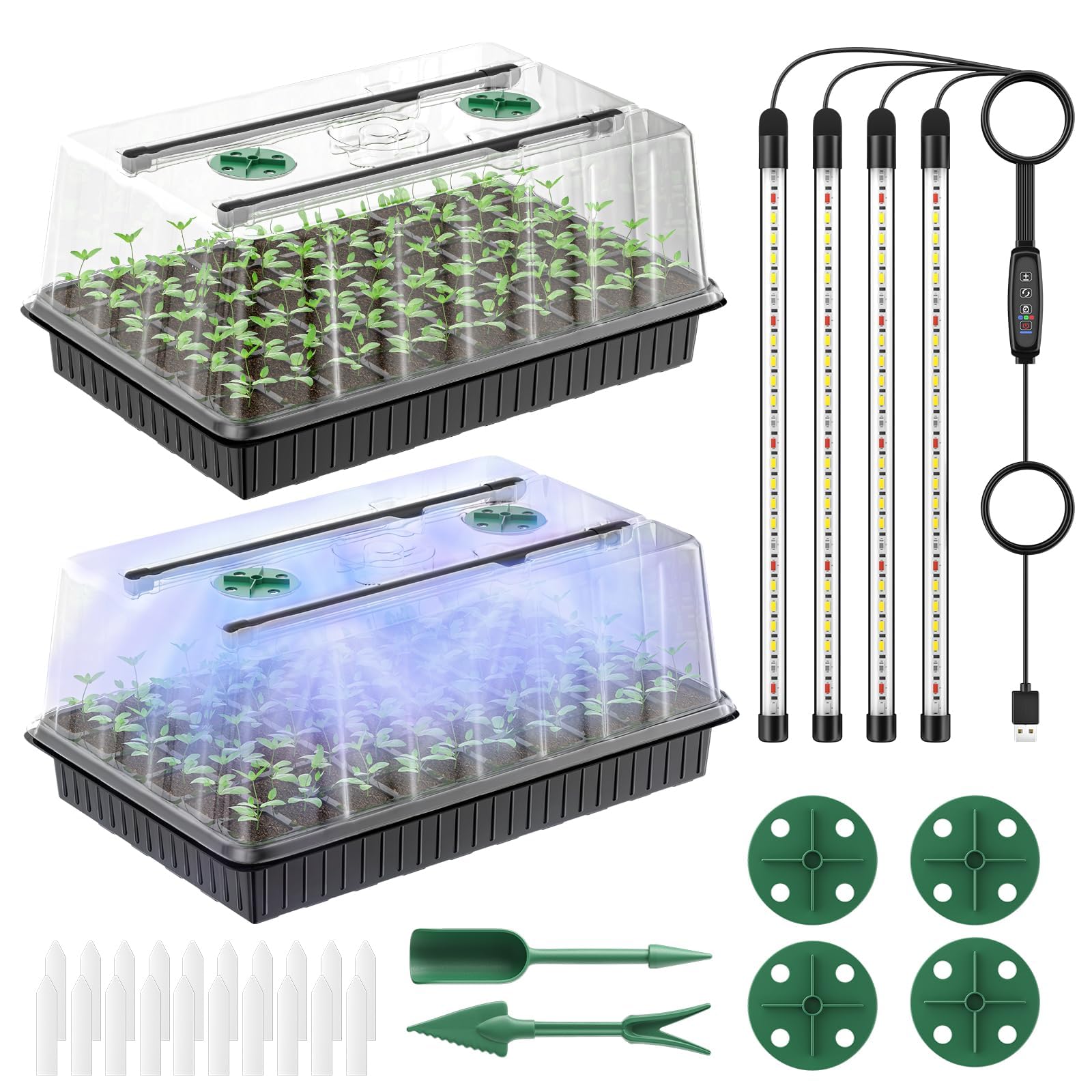 Pawfly 2 Pack Seed Starter Kit, 120 Cells, Seed Starter Trays with Adjustable Grow Light Bars & 10 CM Humidity Domes, Indoor Seedling Starter Trays, Reusable Plant Germination Trays
