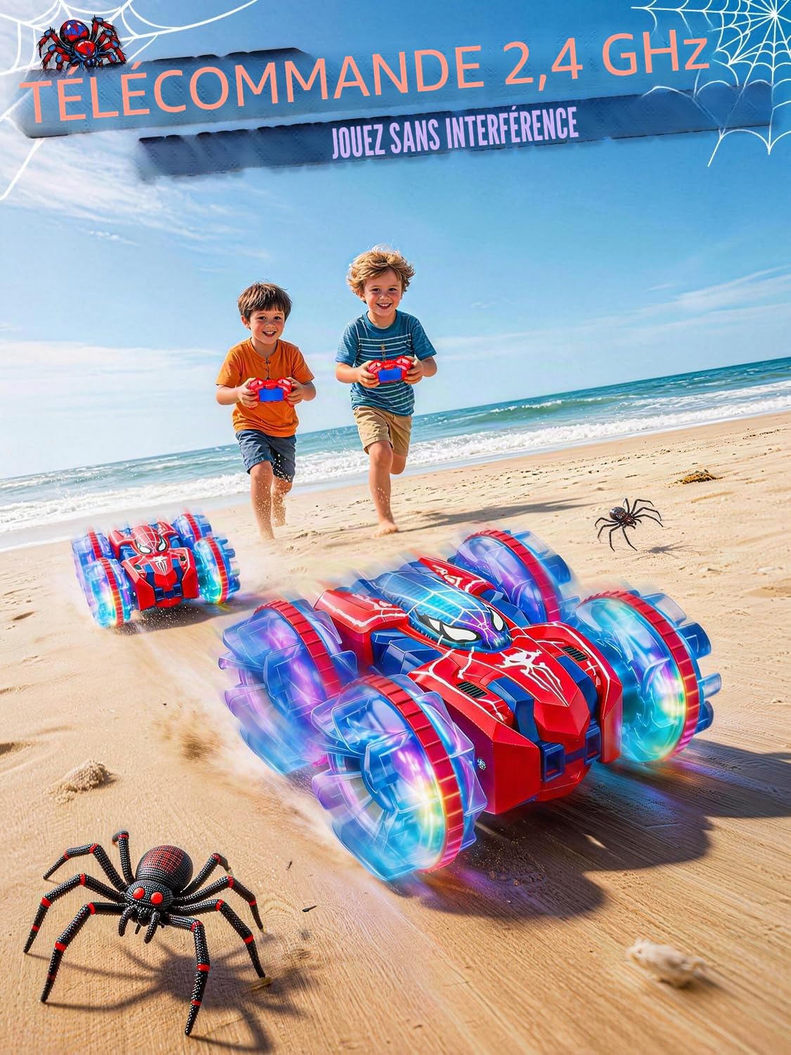 Spider Voiture Télécommandée Enfant 3 4 5 6 7 8 9 Ans, 2.4 GHz Amphibie RC Radiocommandée, Jouet Car Garcon avec Lumière LED &360° Rotation,IPX7 Étanche Voiture Jeux Exterieur Cadeau Anniversaire Noël