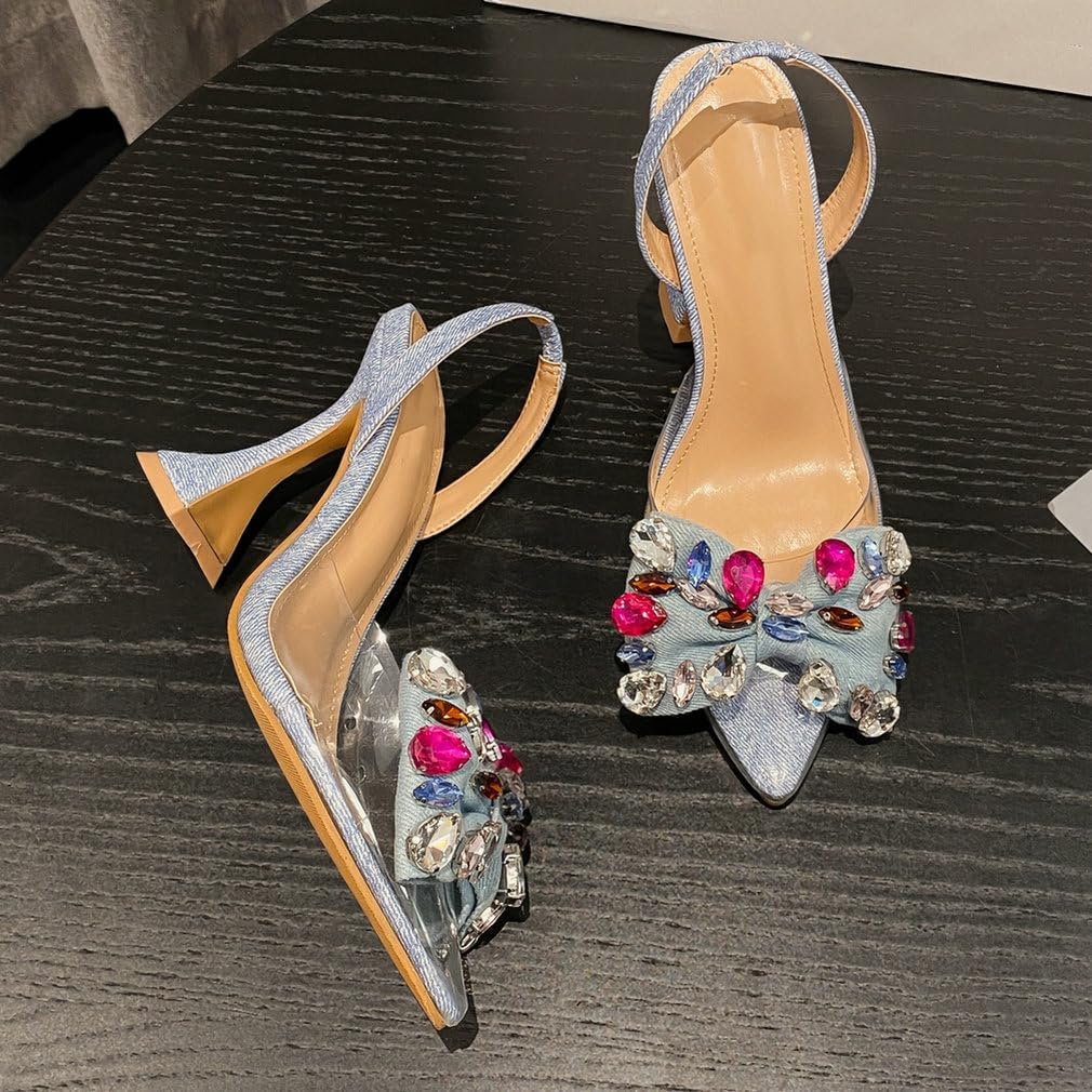 KOKOMOMO Womens Bow Rhinestone Pointed Toe Slingback Heels Clear Slingback Pumps