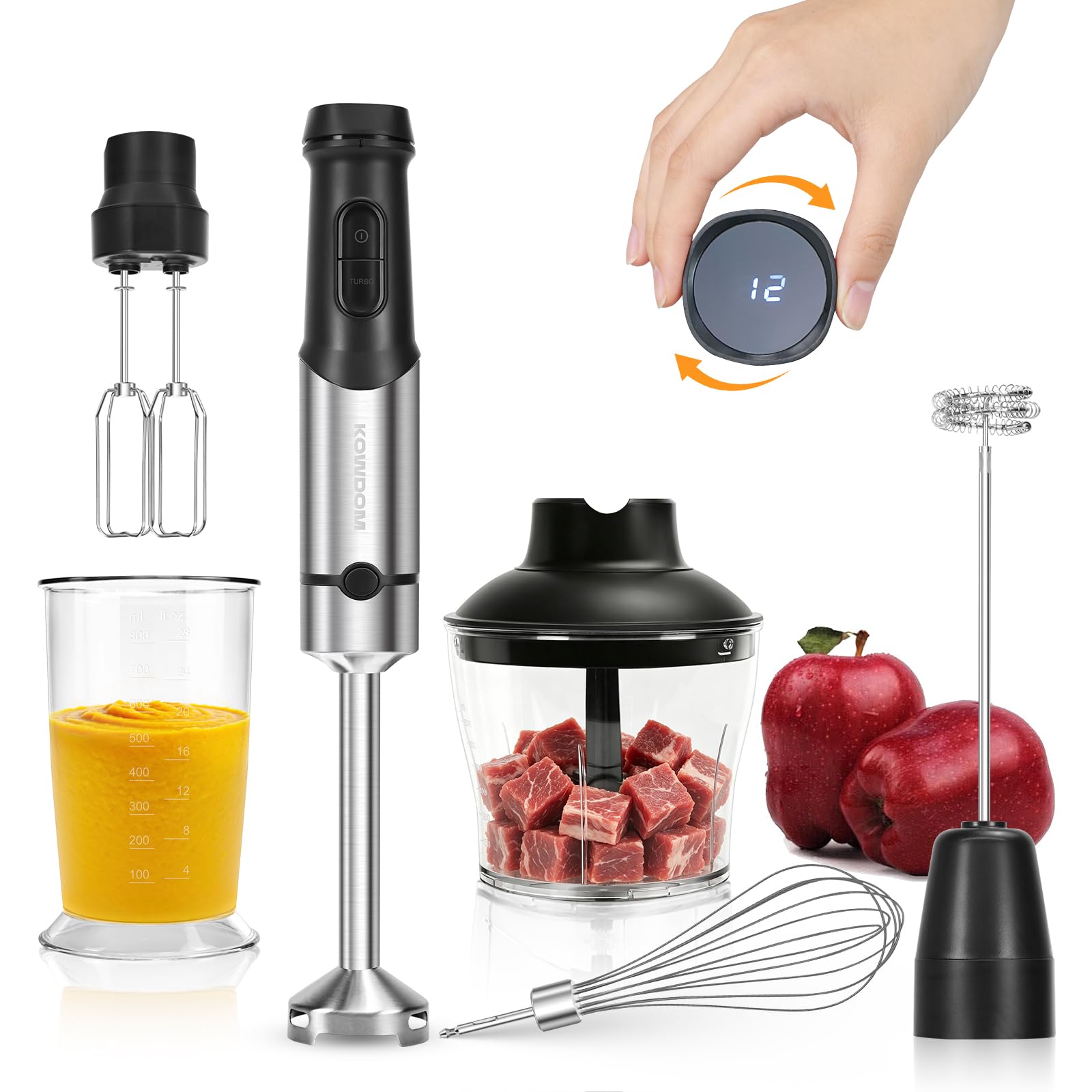 Stabmixer Set 1200W mit 12 Geschwindigkeiten & Turbofunktion – Edelstahl Pürierstab für Suppen, Soße, Smoothies – inkl. 800 ml Messbecher, 600 ml Zerkleinerer & Milchaufschäumer – spülmaschinenfest