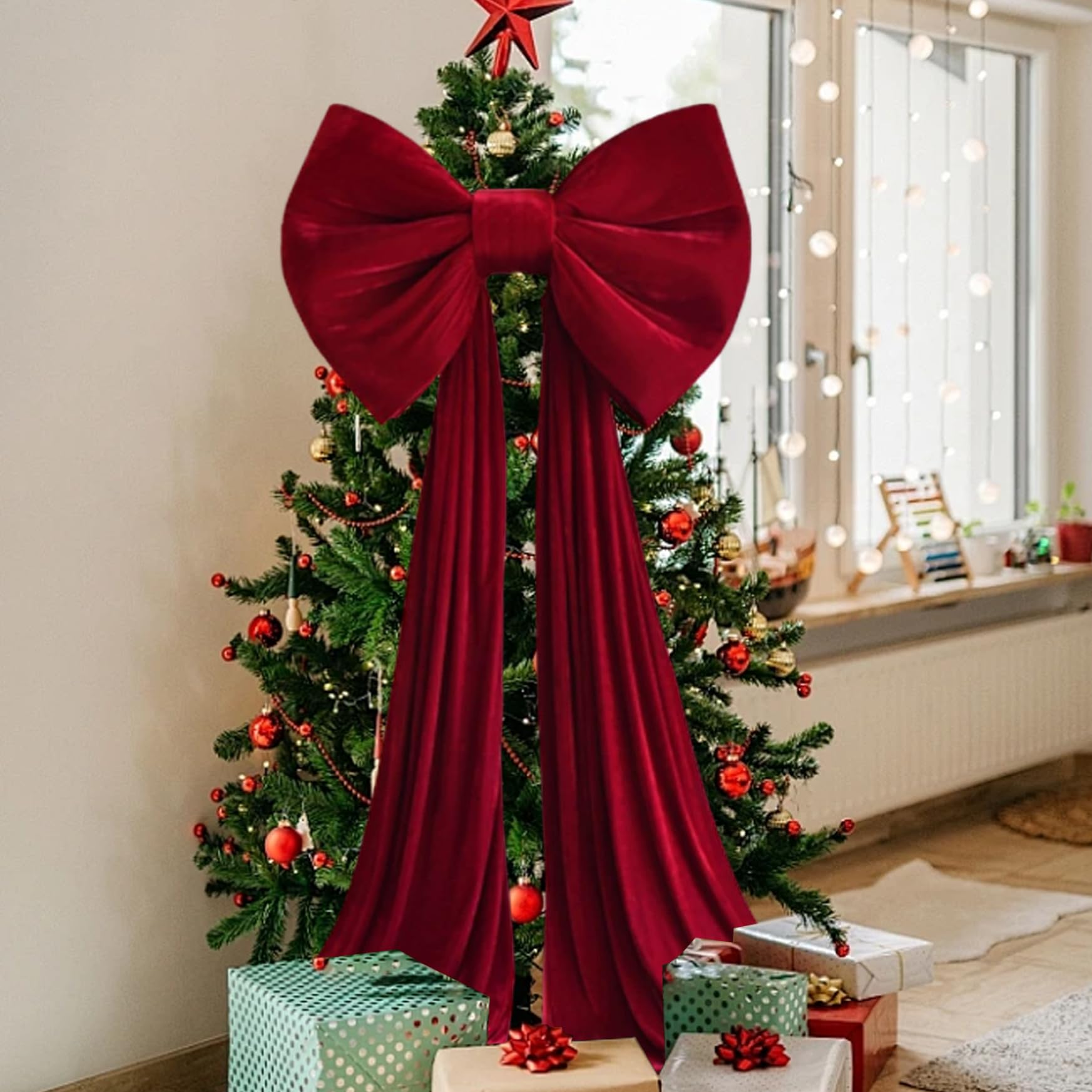 Ferricult Claret Christmas Tree Topper Bow, 20X102 Inch Extra Large Red Velvet Bows For Home Christmas Tree Toppers Wreath Wall Room Party Holiday Decor Supplies, Xmas Decor