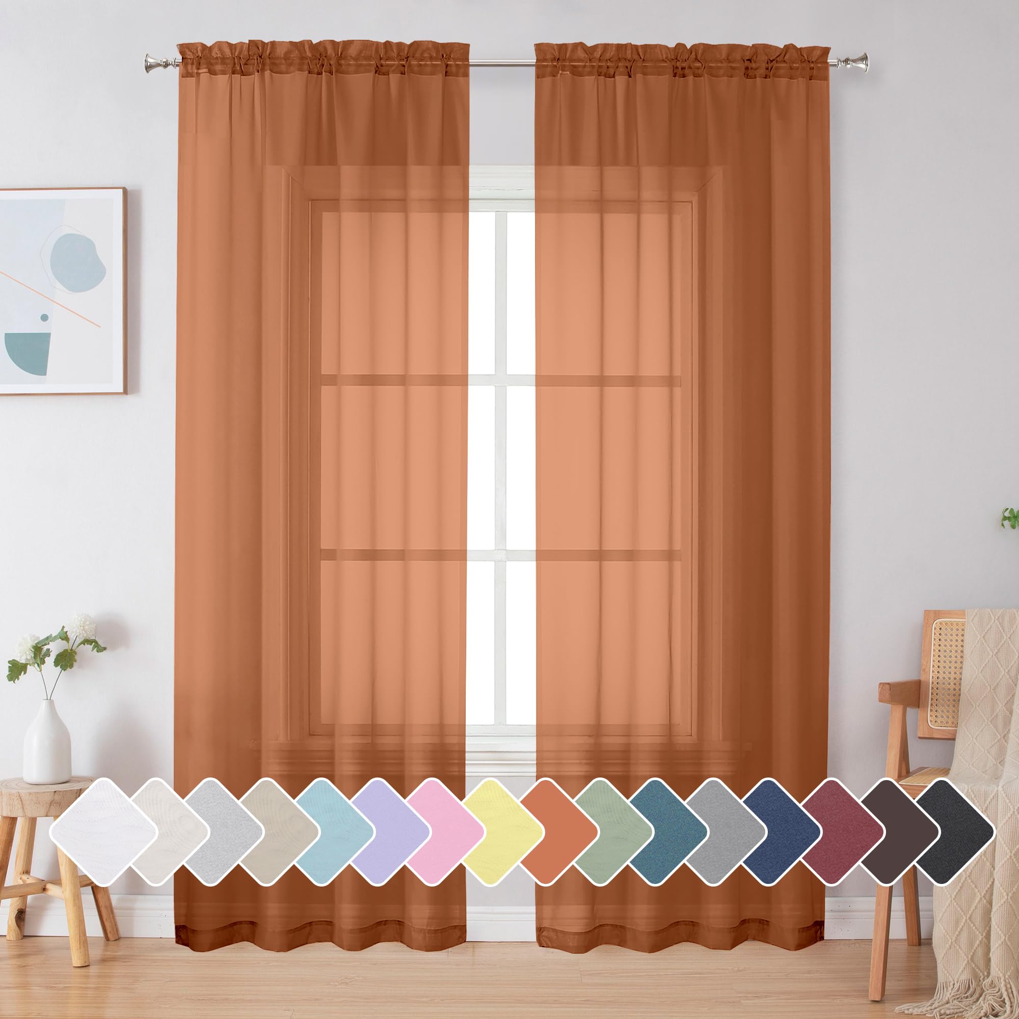 Simplebrand Orange Sheer Curtains 84 Inches Long 2 Panels for Living Room