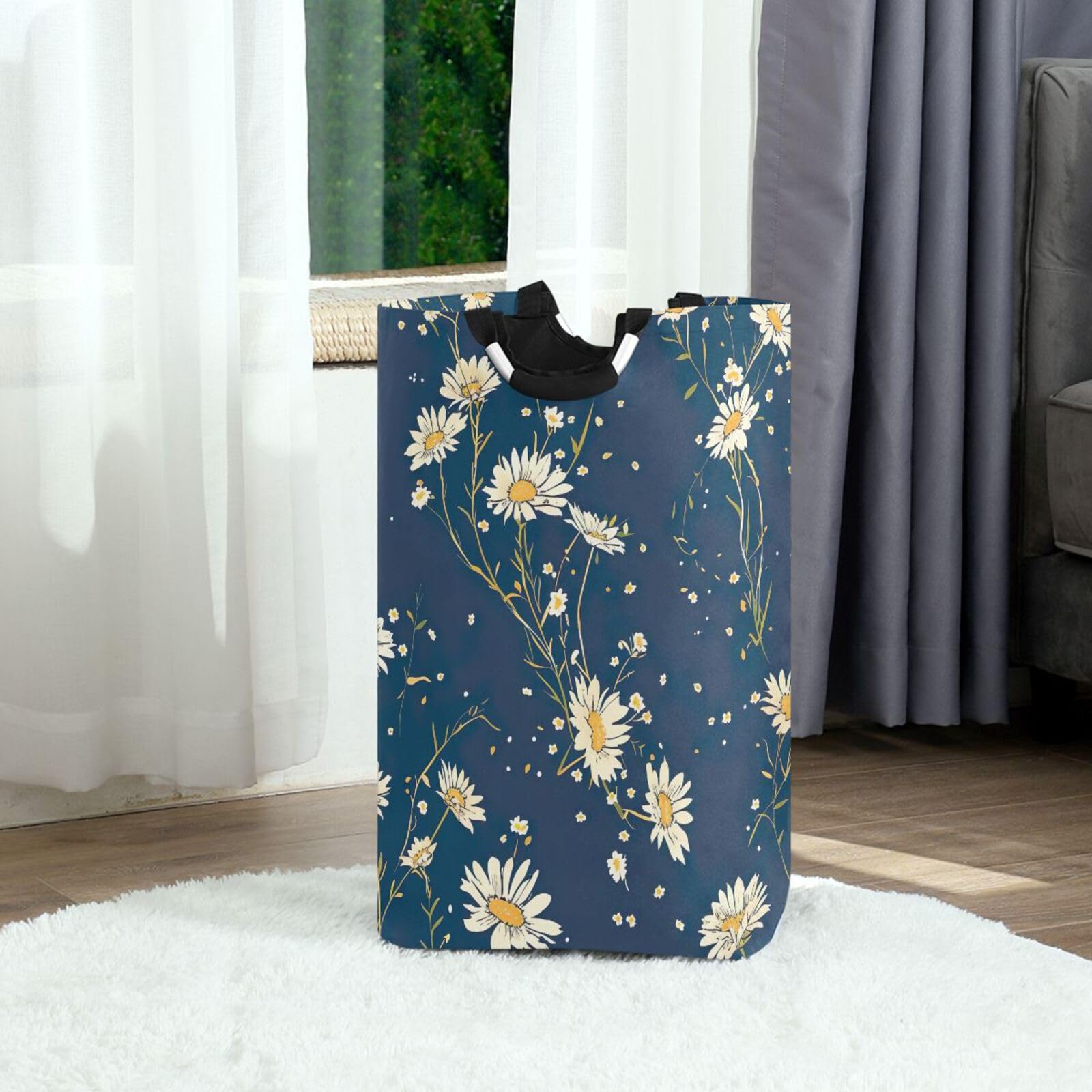 Jihqo Laundry Hamper Basket Daisy Navy Blue Collapsible Nursery Storage Bin Waterproof Clothing Baskets for Home Bedroom Bathroom Washing Room