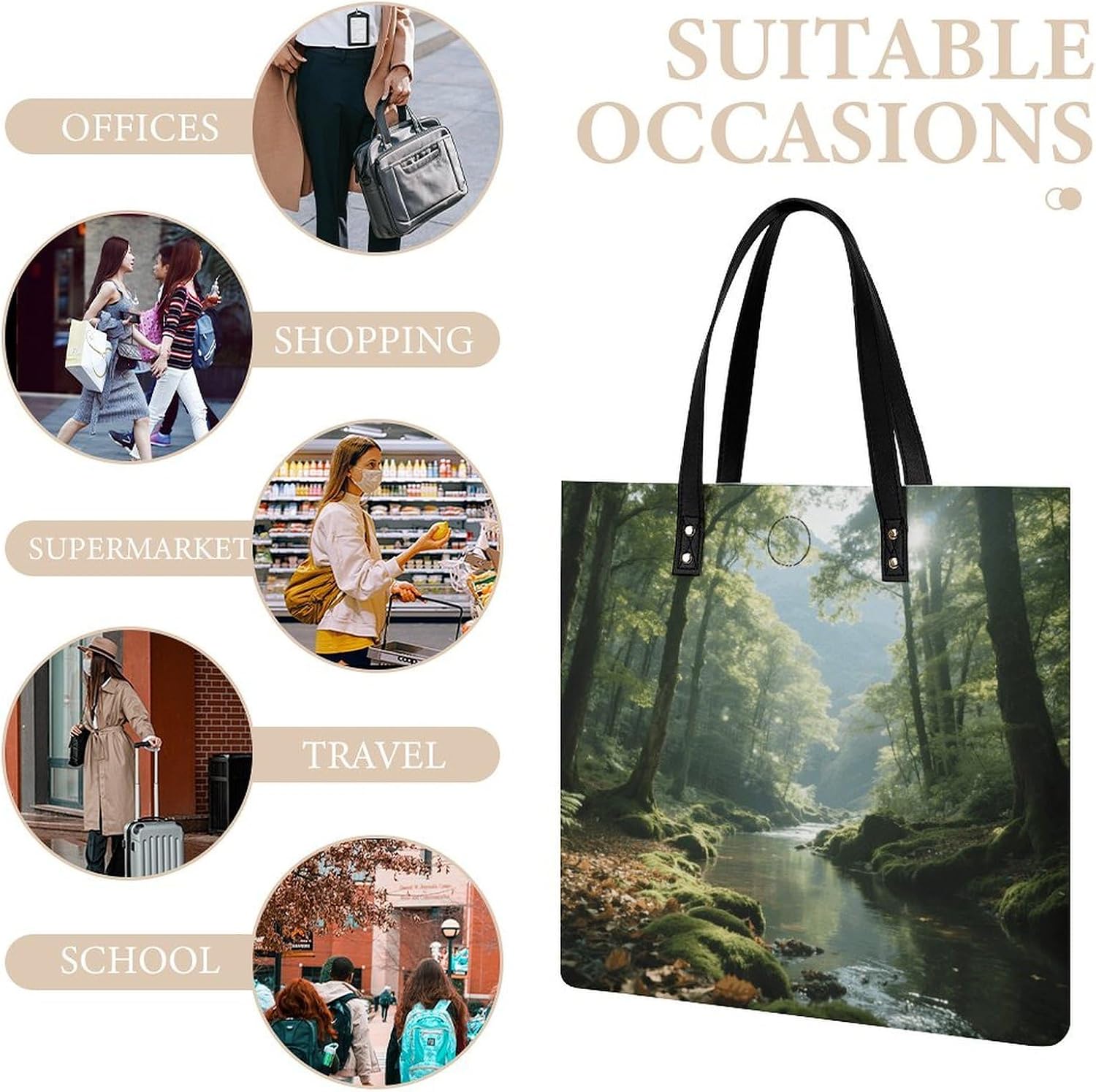 Mountain Forest Nature Tote Bag with Magnetic Buckle Reusable Grocery Bags Lightweight Cross Body Handbag for Daily Essentials