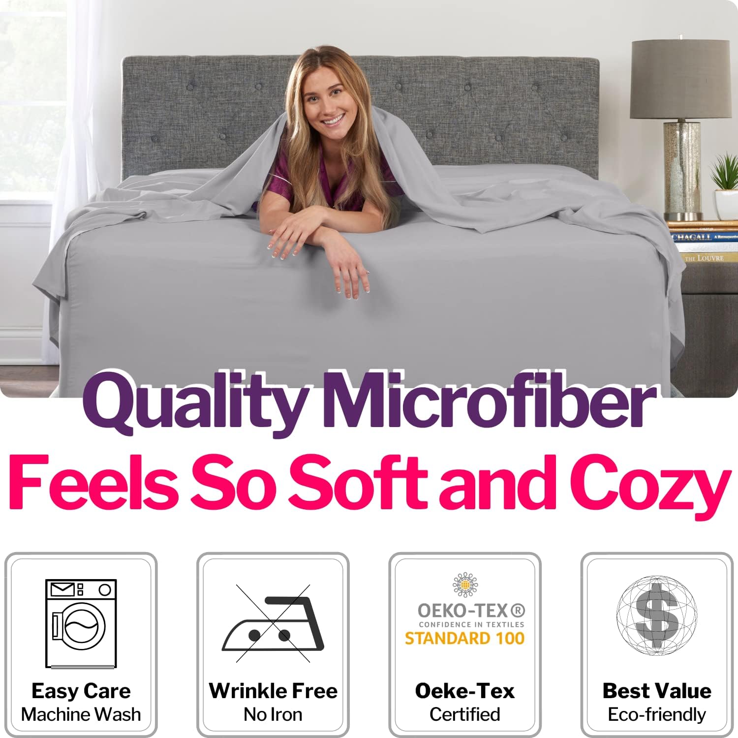 Extra Deep Pocket King Size Sheets – 21” King Sheet Sets Deep Pocket – [4 Piece Set] King Bed Sheets Oversize Flat Sheet, Fitted Sheet, 2 Zippered Pillowcases – 18”–23” King Sheets – Calm Grey