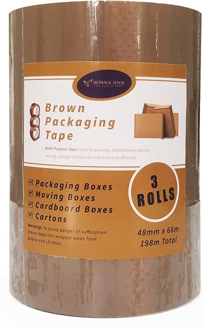 HOMAGE SENSE Packing Tape 48mm x 66m - Heavy Duty Parcel Tape with Strong Adhesive Sealing for Packing Parcels, Moving Boxes, Packaging and Wrapping Boxes and Cartons (3 ROLLS, BROWN PACKING TAPE)
