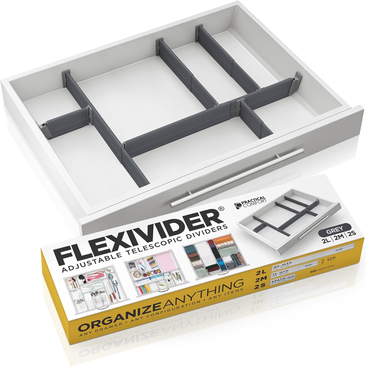 Practical Comfort Custom Drawer Organizer 6 Adjustable Aluminum Dividers, Gray – For Kitchen, Bathroom, Office, and More