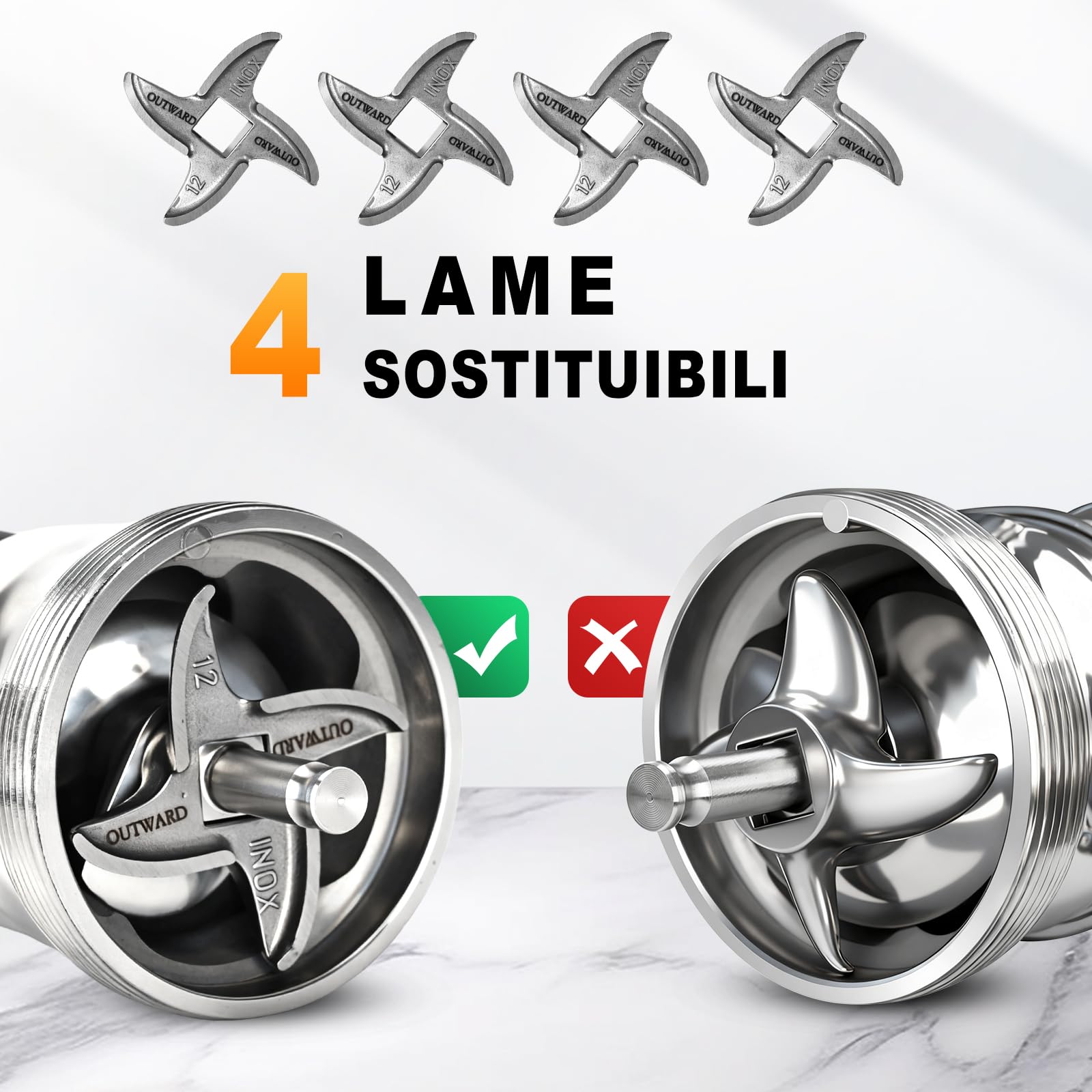 Anatole Tritacarne Elettrico Commerciale 1300W Acciaio Inox Integrale Macchina per Salsicce Multifunzionale con 4/6/8/10/12mm/3-Fori Piastre di Macinazione 1 Insaccatrice per Salsiccia 4 Lame 220V