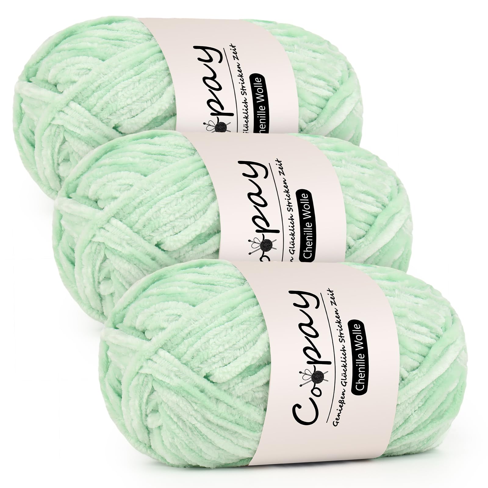 Coopay Chenille Wolle zum Häkeln, 3x100g Samtig Chenillegarn, Dicke Flauschige Weich Chenille Garn, Weicher Plüschwolle Häkelgarn für Decken, Schals - Süßwassergrün